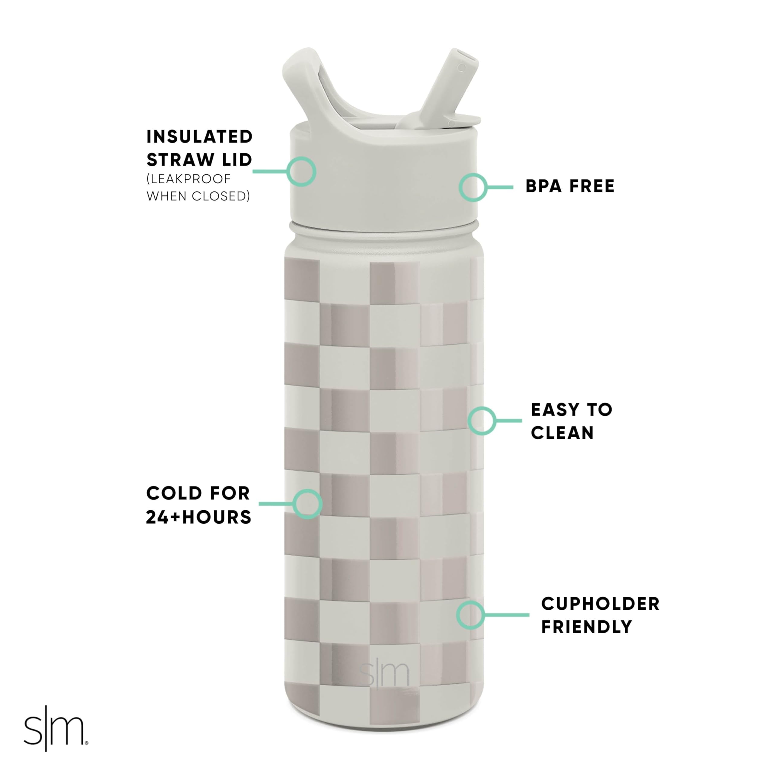 Simple Modern Kids Water Bottle with Straw Lid Vacuum Insulated Stainless Steel Metal Thermos Bottles | Reusable Leak Proof BPA-Free Flask for School | Summit Collection | 18oz, Checkmate - SKXQ