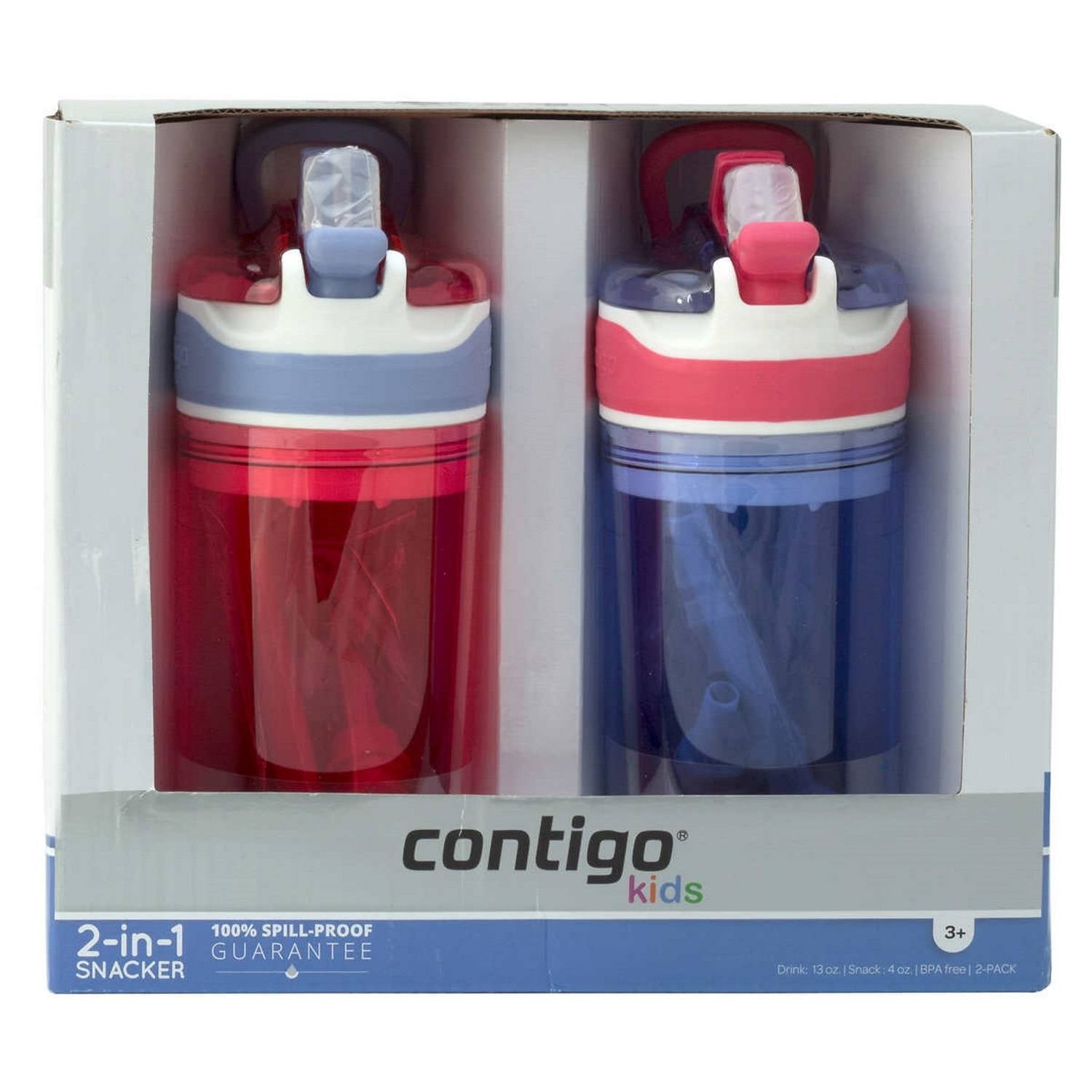 Contigo Kids 2-in-1 Snack Hero Tumbler Featuring 4oz Snack Holder Stacked on Top of 13oz Water Bottle - BPA Free, Durable Tritan w/Flexible Carry Handle &amp; Spill-Proof Valve, Purple &amp; Pink – 2 Pack - SS9G