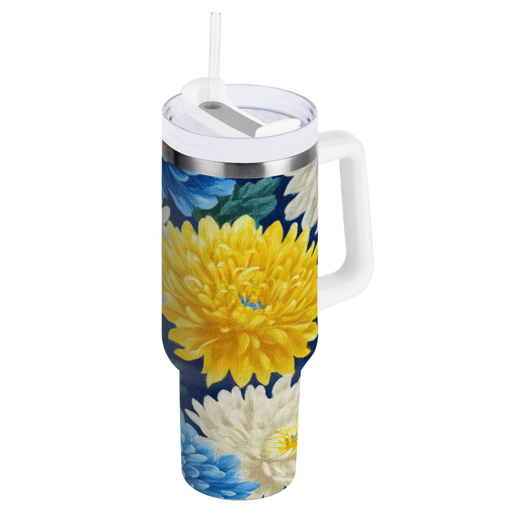 30 oz Insulated Stainless Steel Tumbler Double Wall Stainless Steel Tumbler with 2-Way Drinking Yellow and White Chrysanthemum - VJE4