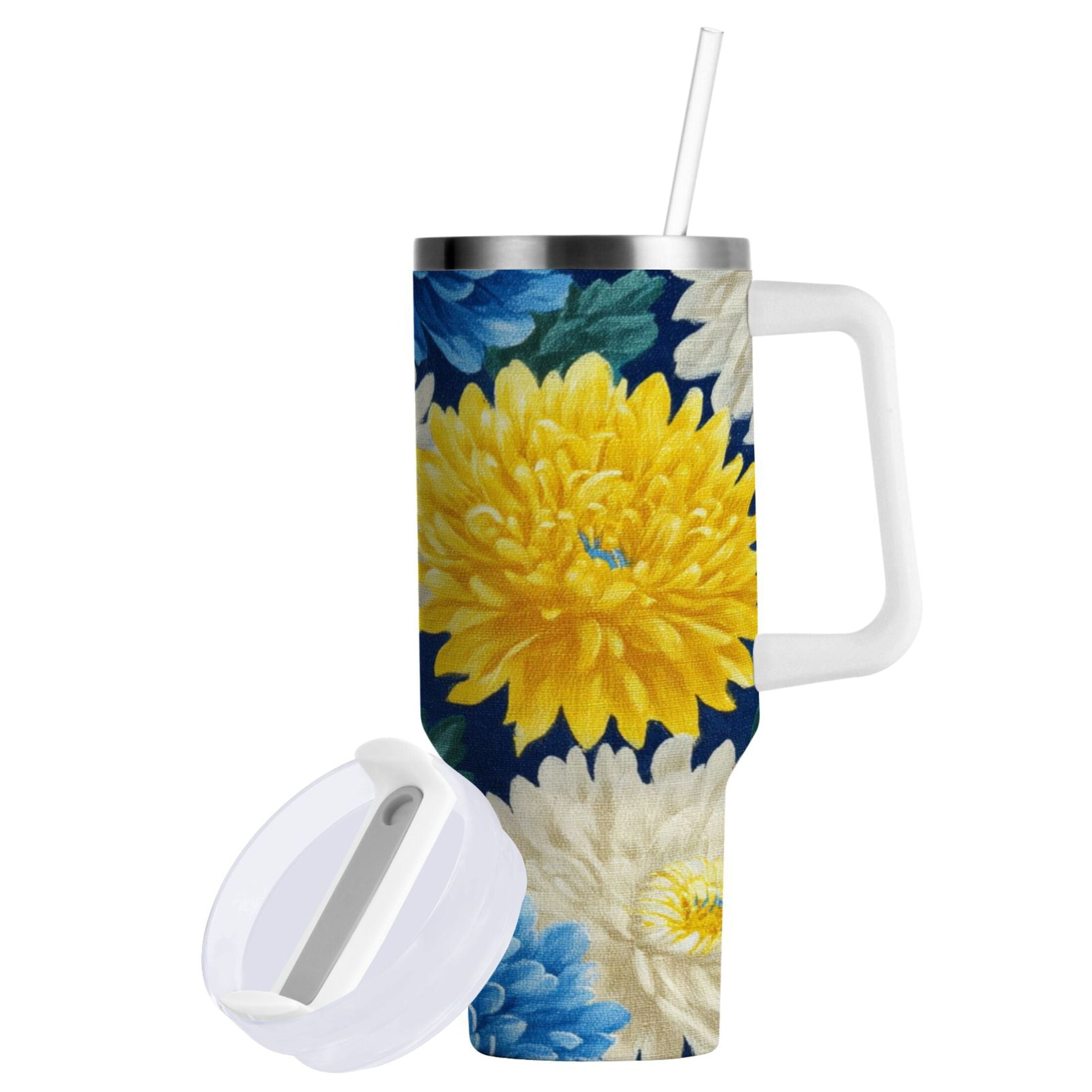 30 oz Insulated Stainless Steel Tumbler Double Wall Stainless Steel Tumbler with 2-Way Drinking Yellow and White Chrysanthemum - VJE4