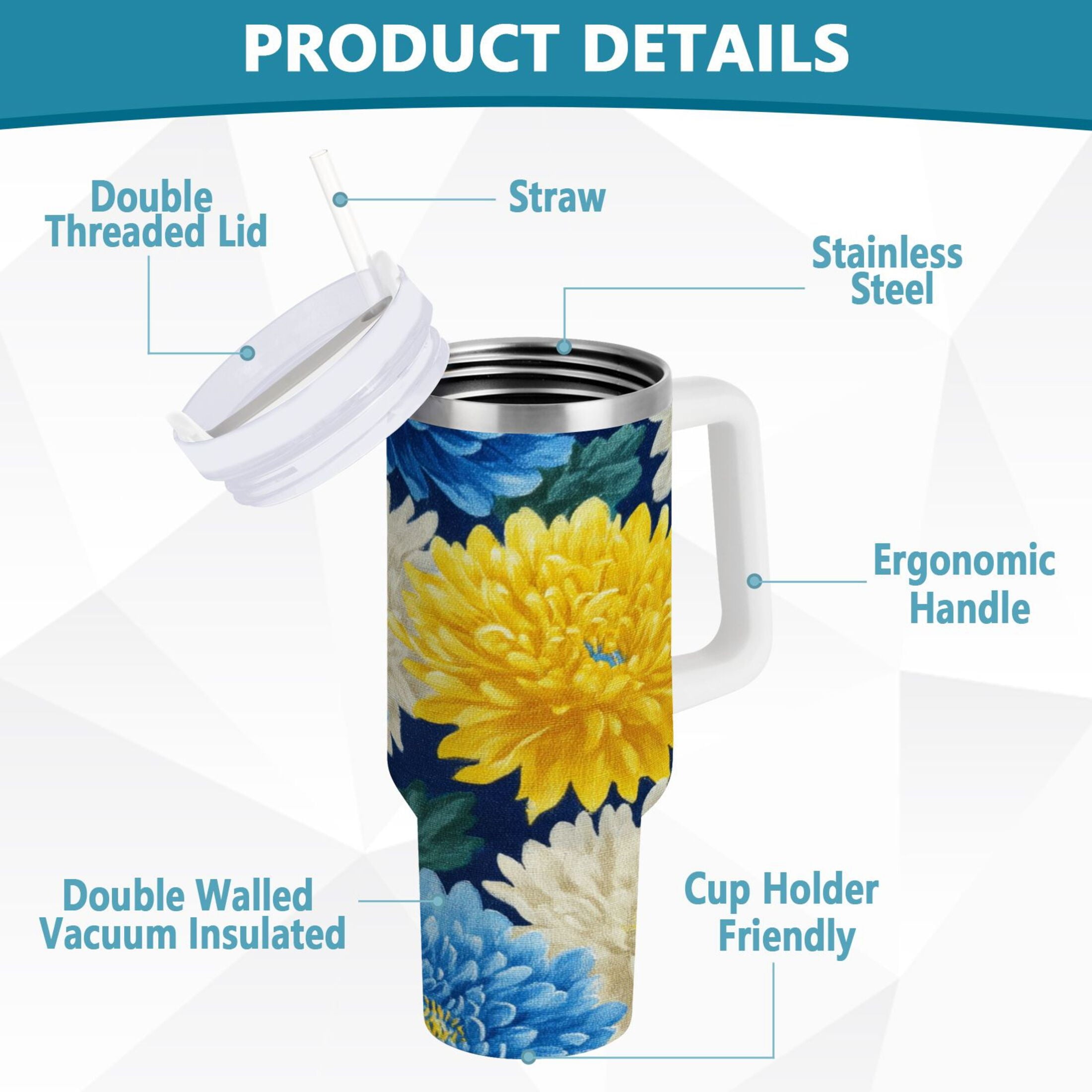 30 oz Insulated Stainless Steel Tumbler Double Wall Stainless Steel Tumbler with 2-Way Drinking Yellow and White Chrysanthemum - VJE4