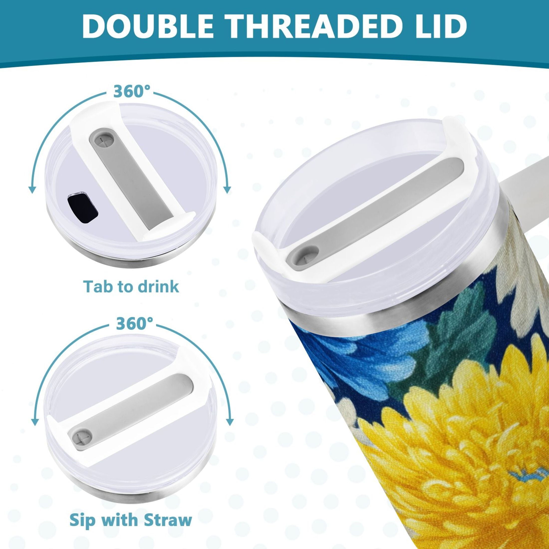 30 oz Insulated Stainless Steel Tumbler Double Wall Stainless Steel Tumbler with 2-Way Drinking Yellow and White Chrysanthemum - VJE4