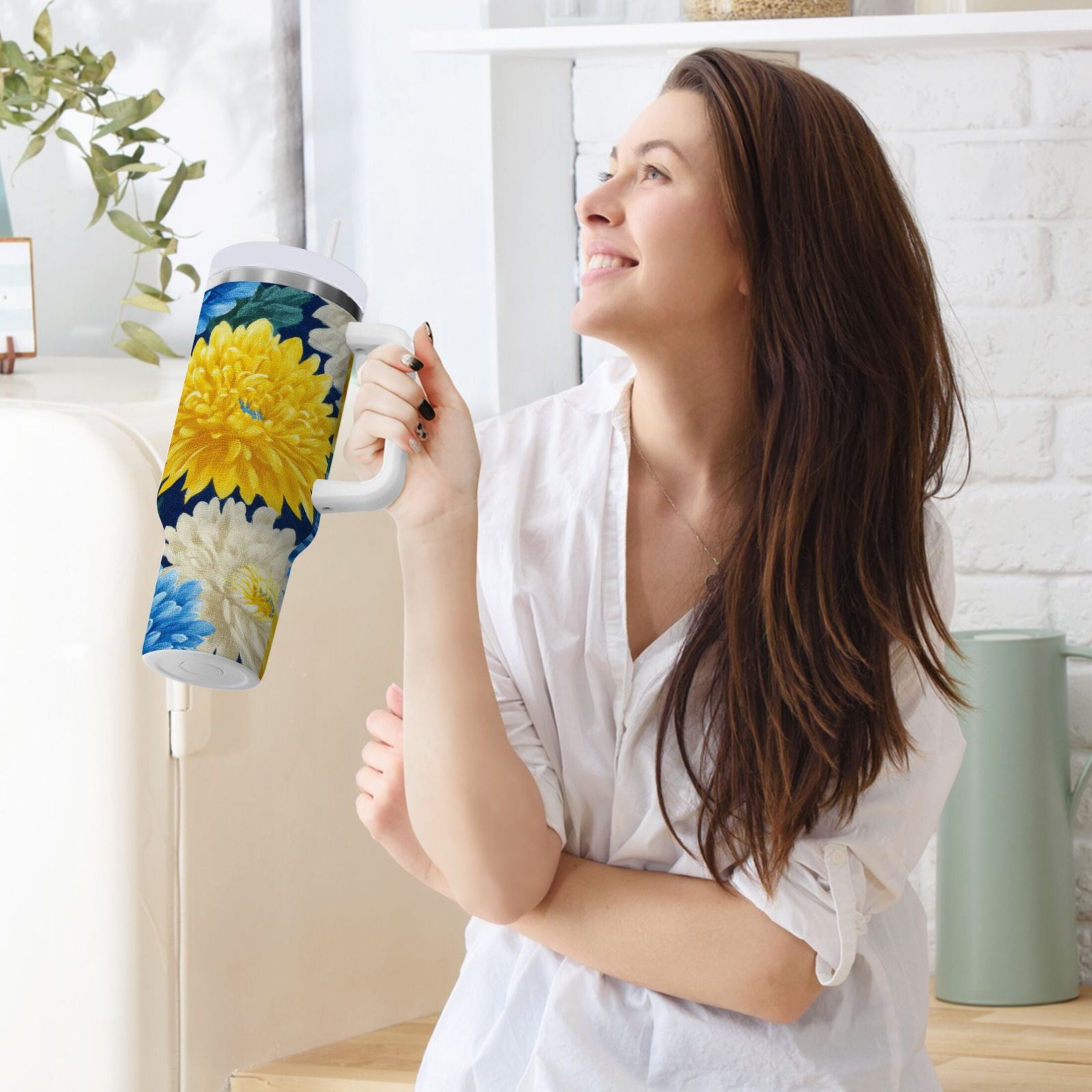 30 oz Insulated Stainless Steel Tumbler Double Wall Stainless Steel Tumbler with 2-Way Drinking Yellow and White Chrysanthemum - VJE4