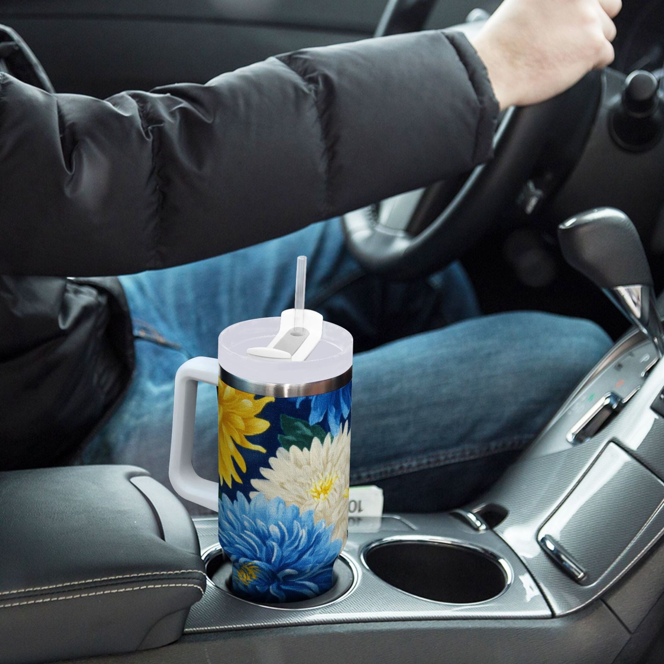 30 oz Insulated Stainless Steel Tumbler Double Wall Stainless Steel Tumbler with 2-Way Drinking Yellow and White Chrysanthemum - VJE4