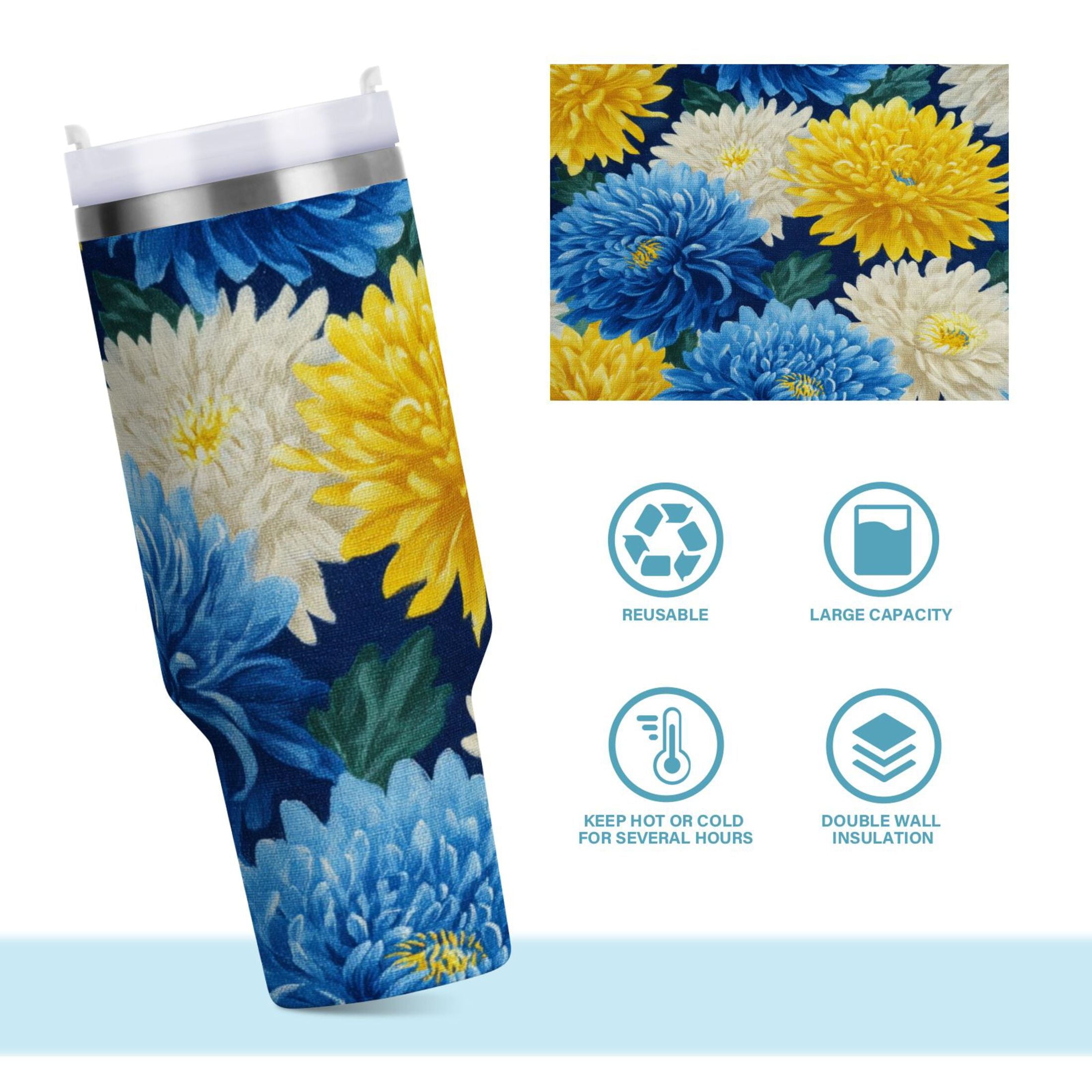 30 oz Insulated Stainless Steel Tumbler Double Wall Stainless Steel Tumbler with 2-Way Drinking Yellow and White Chrysanthemum - VJE4