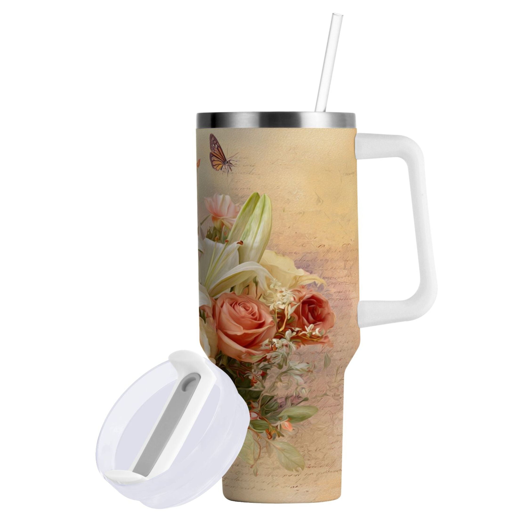 30 oz Insulated Stainless Steel Tumbler Double Wall Stainless Steel Tumbler with 2-Way Drinking Beautiful Floral Bouquet - 3Y6C