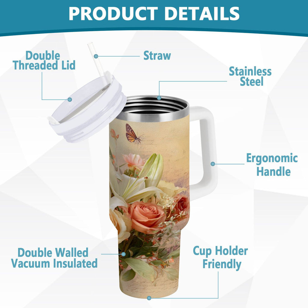 30 oz Insulated Stainless Steel Tumbler Double Wall Stainless Steel Tumbler with 2-Way Drinking Beautiful Floral Bouquet - 3Y6C