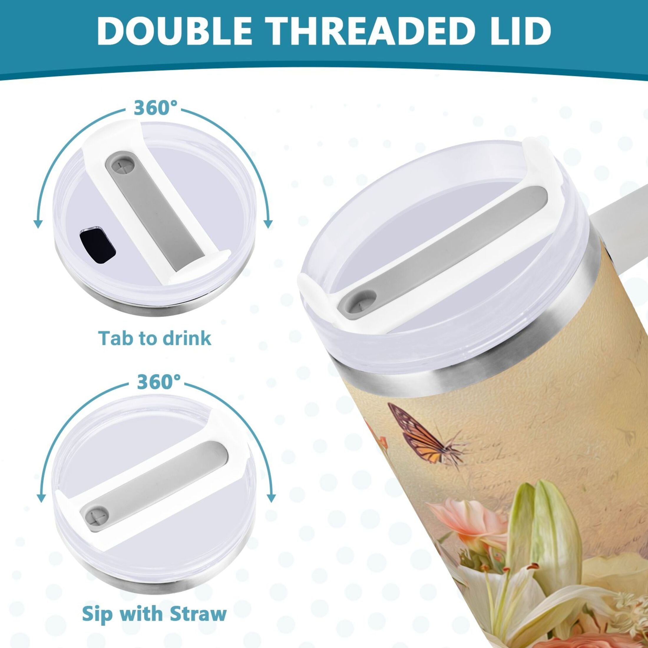30 oz Insulated Stainless Steel Tumbler Double Wall Stainless Steel Tumbler with 2-Way Drinking Beautiful Floral Bouquet - 3Y6C