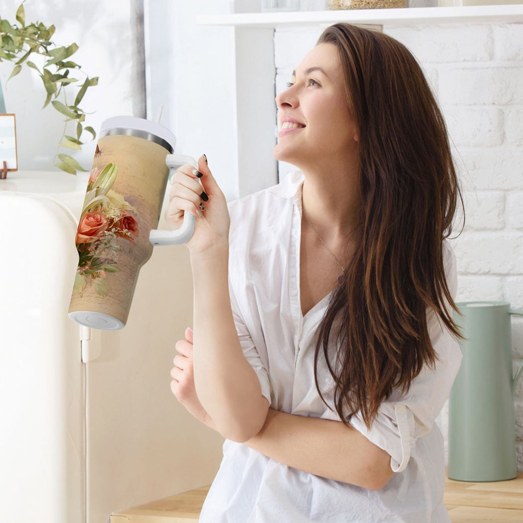 30 oz Insulated Stainless Steel Tumbler Double Wall Stainless Steel Tumbler with 2-Way Drinking Beautiful Floral Bouquet - 3Y6C