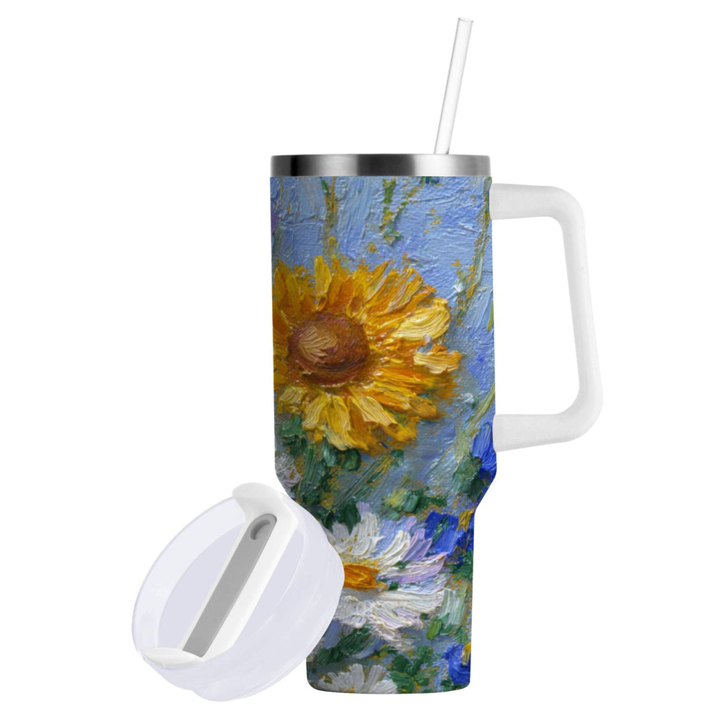 40 oz Insulated Stainless Steel Tumbler Double Wall Stainless Steel Tumbler with 2-Way Drinking Sunflowers and Daisies - FXKZ