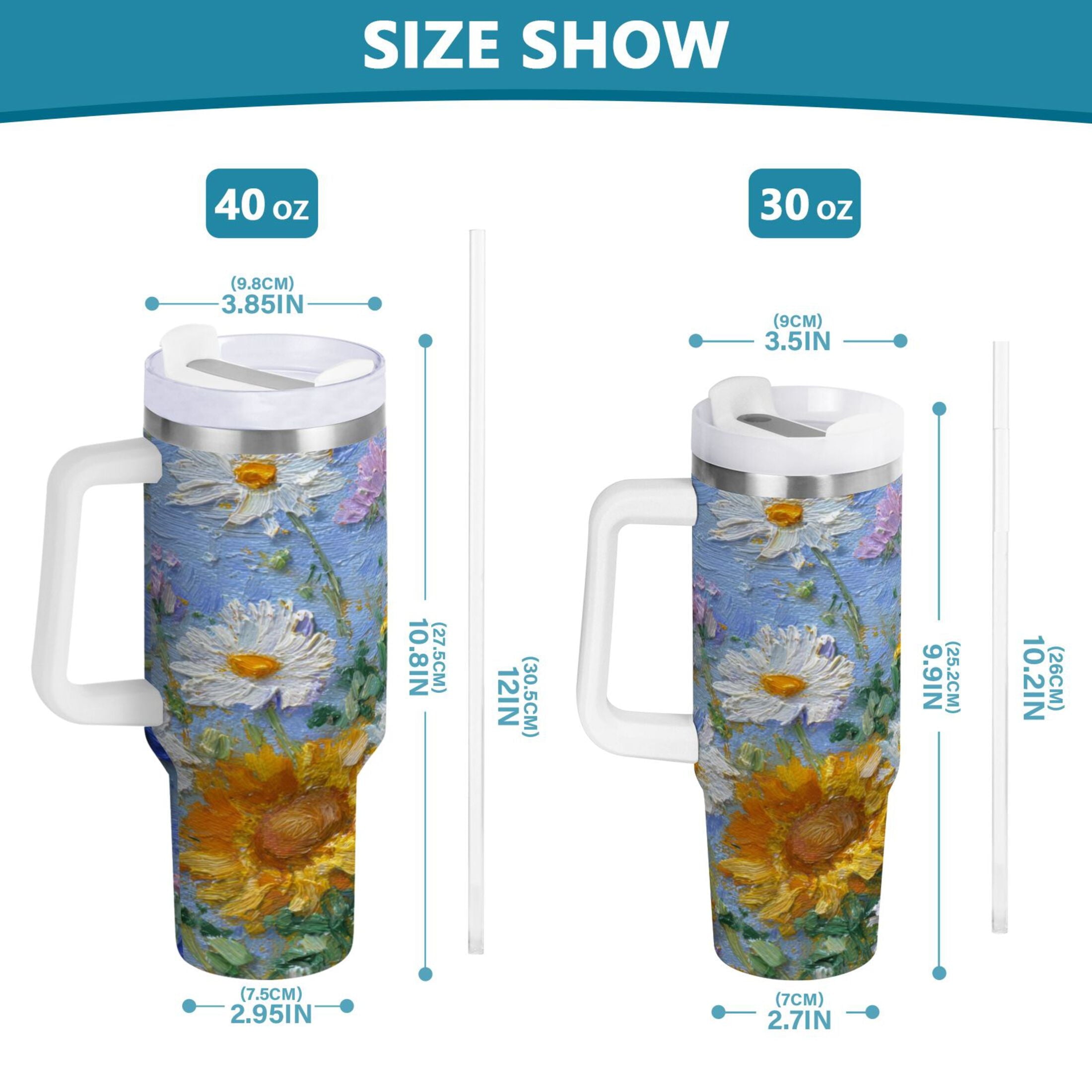 40 oz Insulated Stainless Steel Tumbler Double Wall Stainless Steel Tumbler with 2-Way Drinking Sunflowers and Daisies - FXKZ