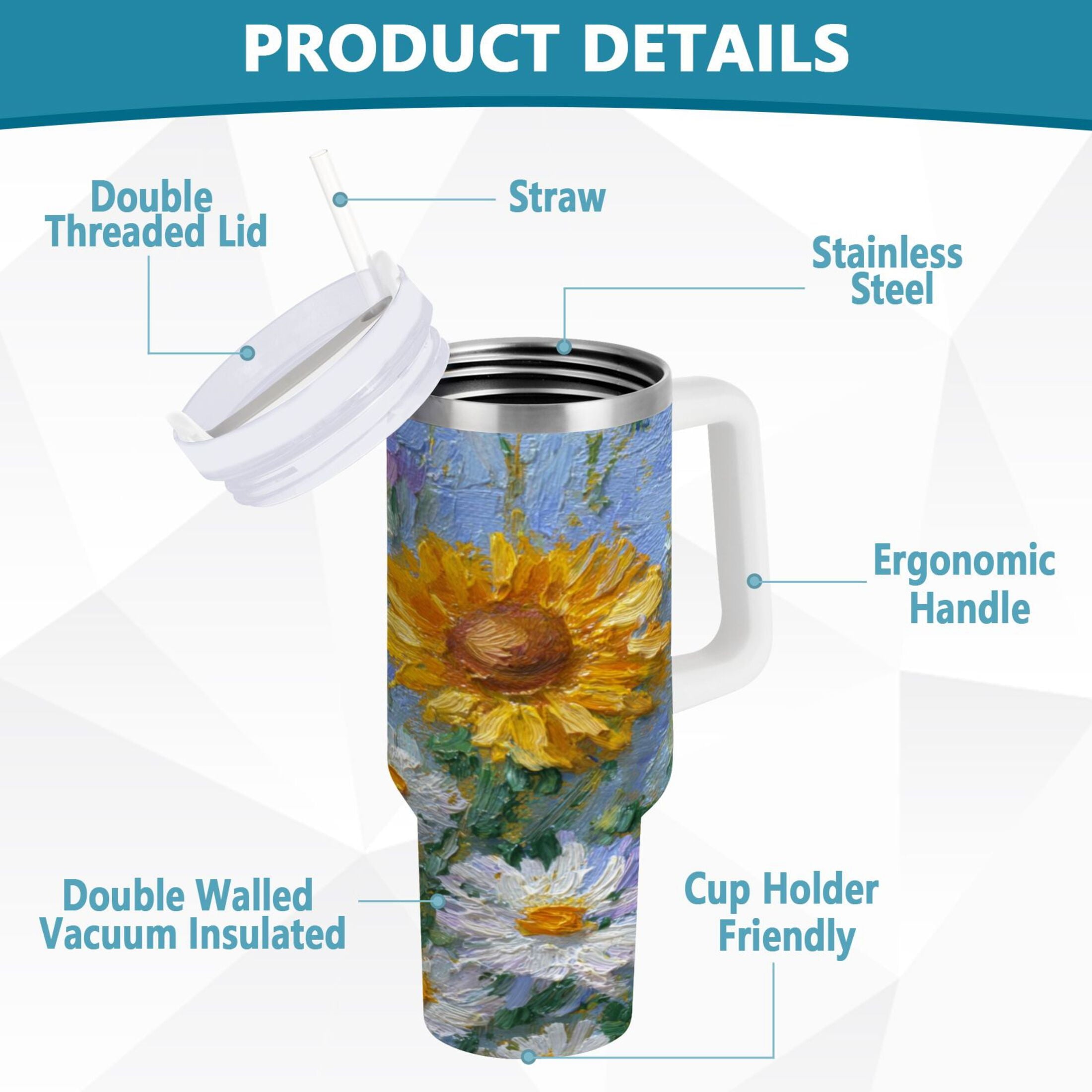 40 oz Insulated Stainless Steel Tumbler Double Wall Stainless Steel Tumbler with 2-Way Drinking Sunflowers and Daisies - FXKZ