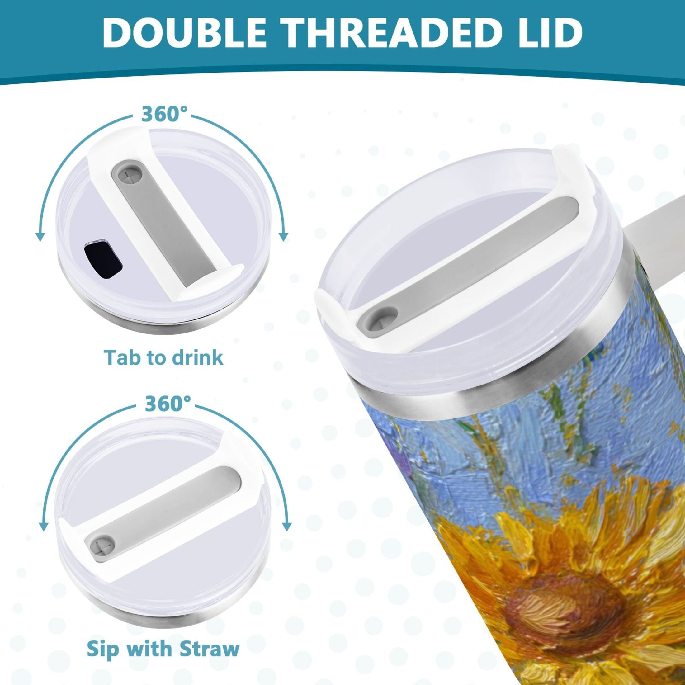 40 oz Insulated Stainless Steel Tumbler Double Wall Stainless Steel Tumbler with 2-Way Drinking Sunflowers and Daisies - FXKZ