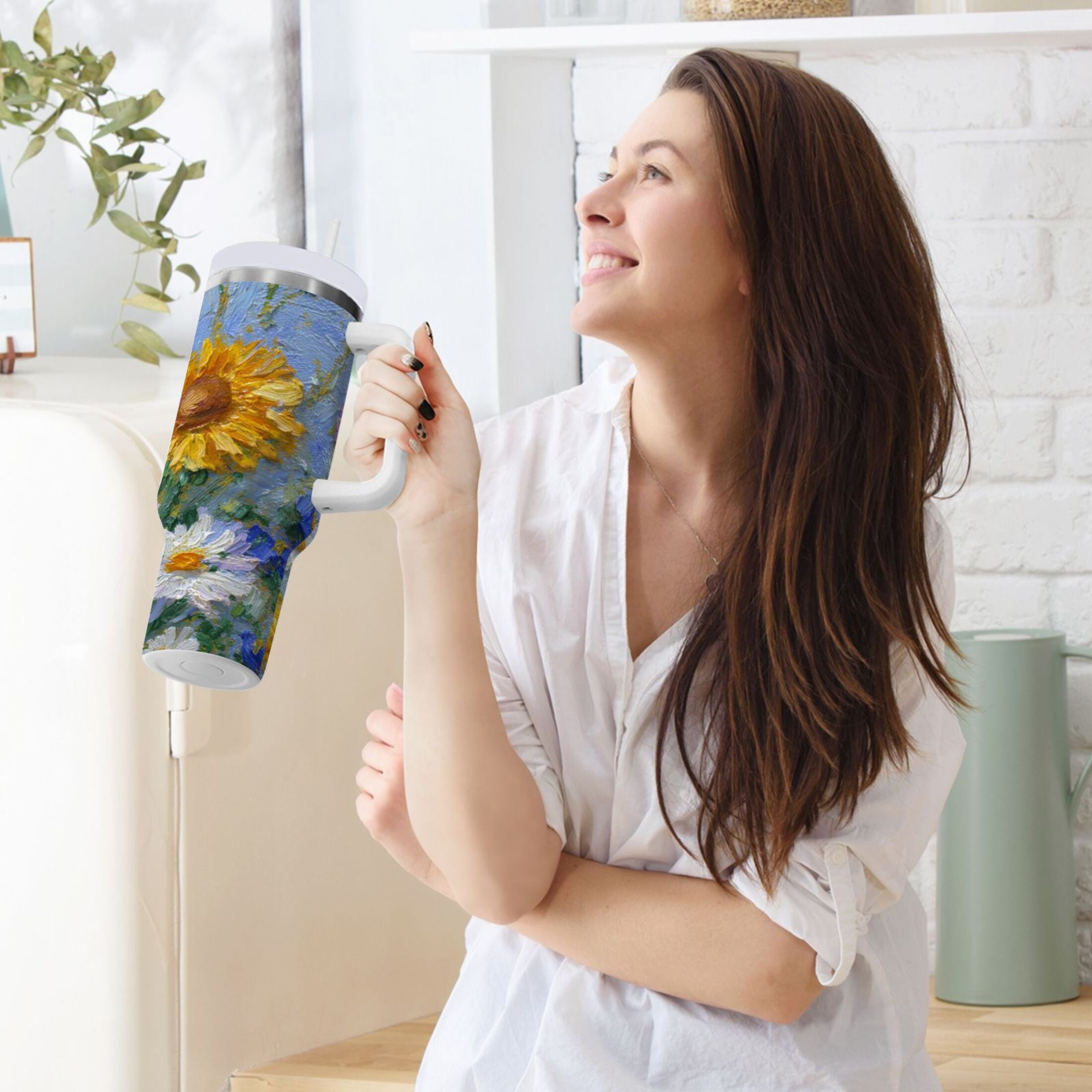 40 oz Insulated Stainless Steel Tumbler Double Wall Stainless Steel Tumbler with 2-Way Drinking Sunflowers and Daisies - FXKZ