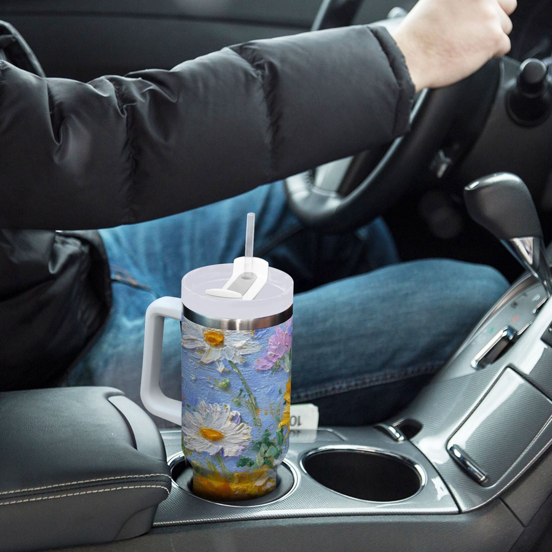 40 oz Insulated Stainless Steel Tumbler Double Wall Stainless Steel Tumbler with 2-Way Drinking Sunflowers and Daisies - FXKZ