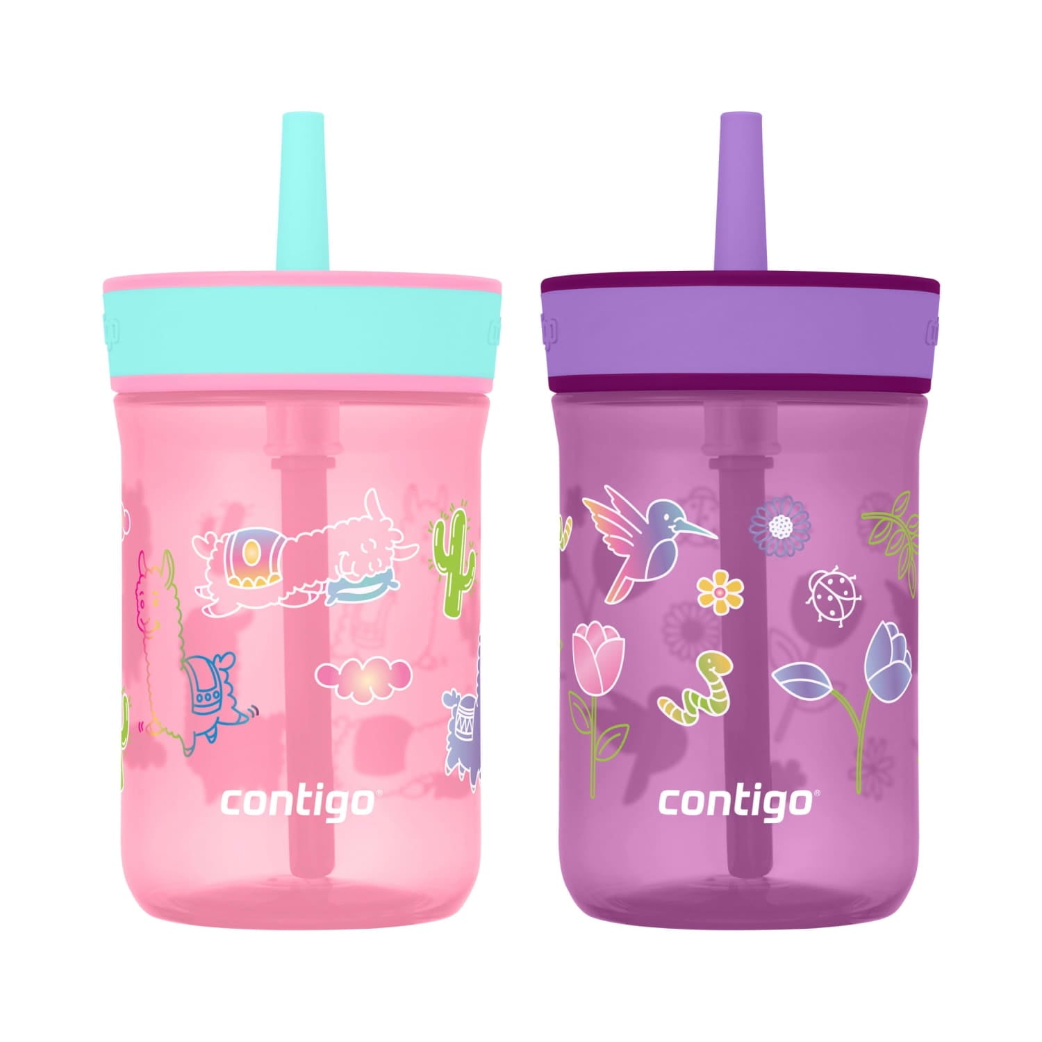 Contigo Kids Leighton Spill-Proof Tumbler with Straw, Ages 3+, Pink and Purple, 14 oz, 2 Pack - YKAL