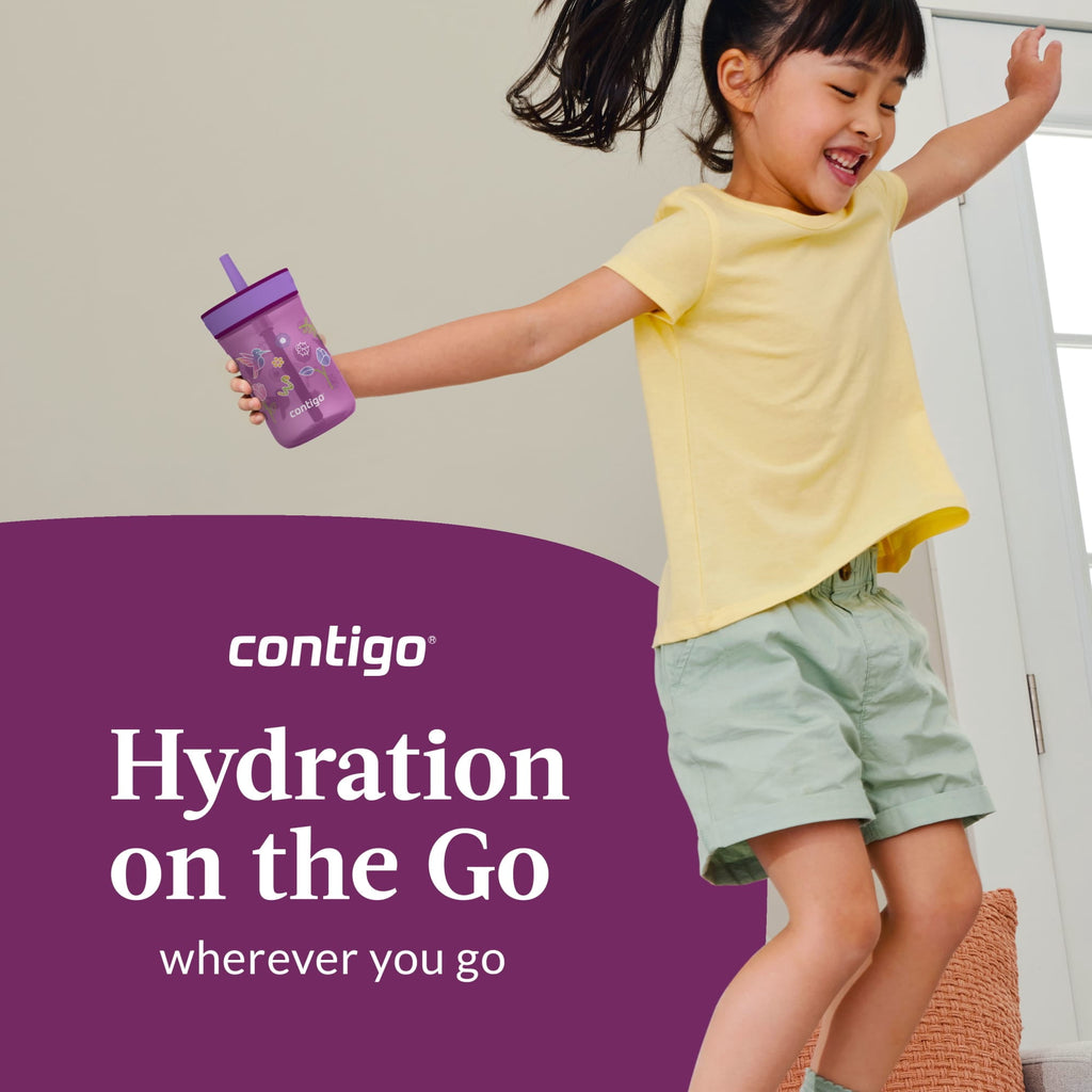 Contigo Kids Leighton Spill-Proof Tumbler with Straw, Ages 3+, Pink and Purple, 14 oz, 2 Pack - YKAL