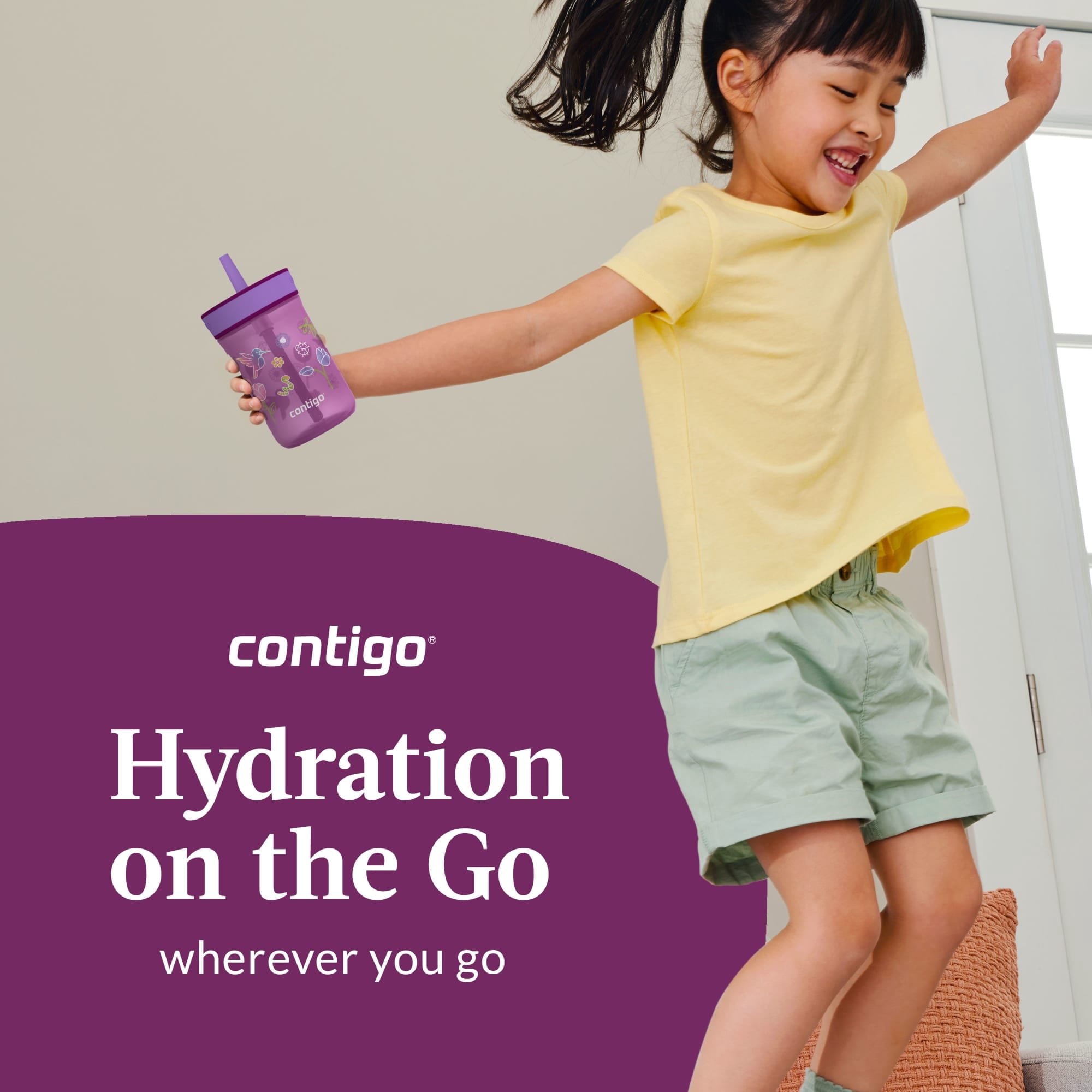Contigo Kids Leighton Spill-Proof Tumbler with Straw, Ages 3+, Pink and Purple, 14 oz, 2 Pack - YKAL