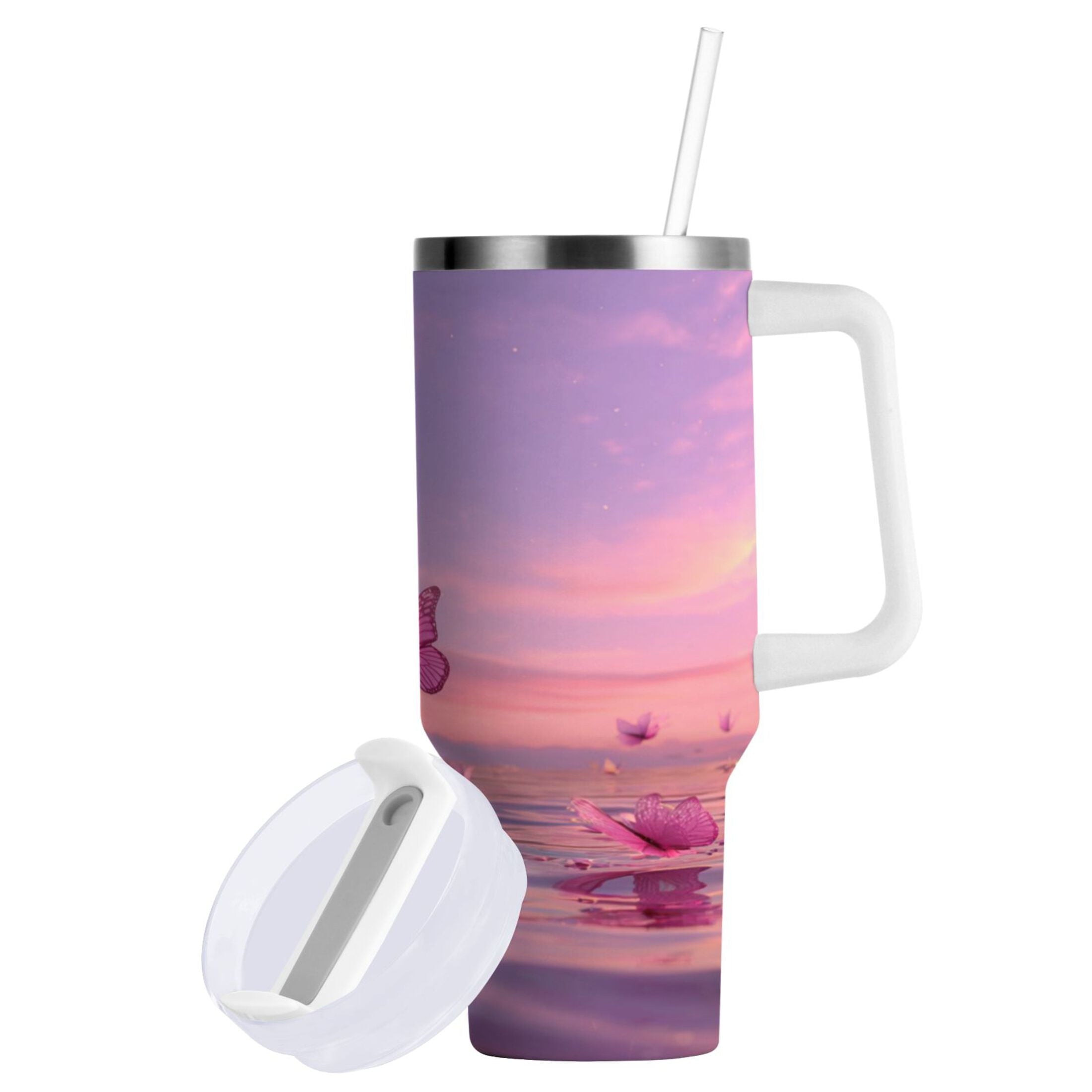 30 oz Insulated Stainless Steel Tumbler Double Wall Stainless Steel Tumbler with 2-Way Drinking Pink Butterflies Flying - 6K4C