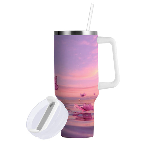 30 oz Insulated Stainless Steel Tumbler Double Wall Stainless Steel Tumbler with 2-Way Drinking Pink Butterflies Flying - 6K4C