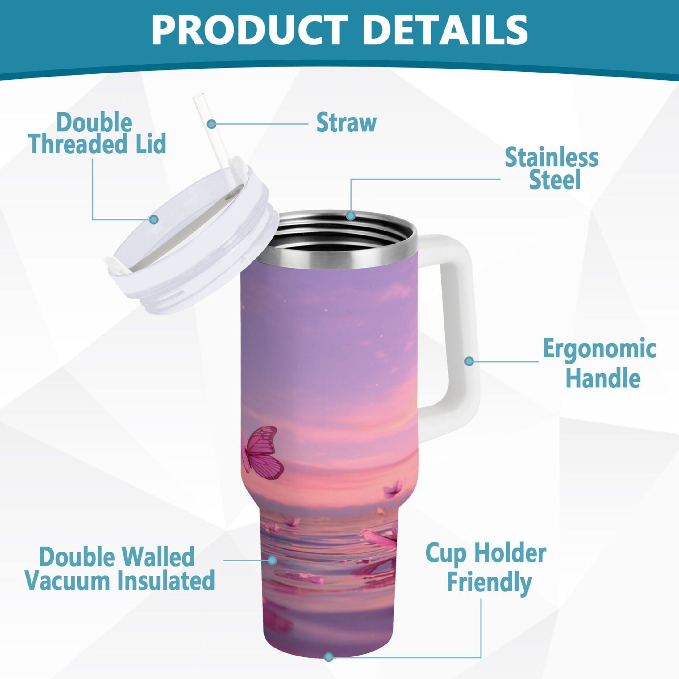 30 oz Insulated Stainless Steel Tumbler Double Wall Stainless Steel Tumbler with 2-Way Drinking Pink Butterflies Flying - 6K4C