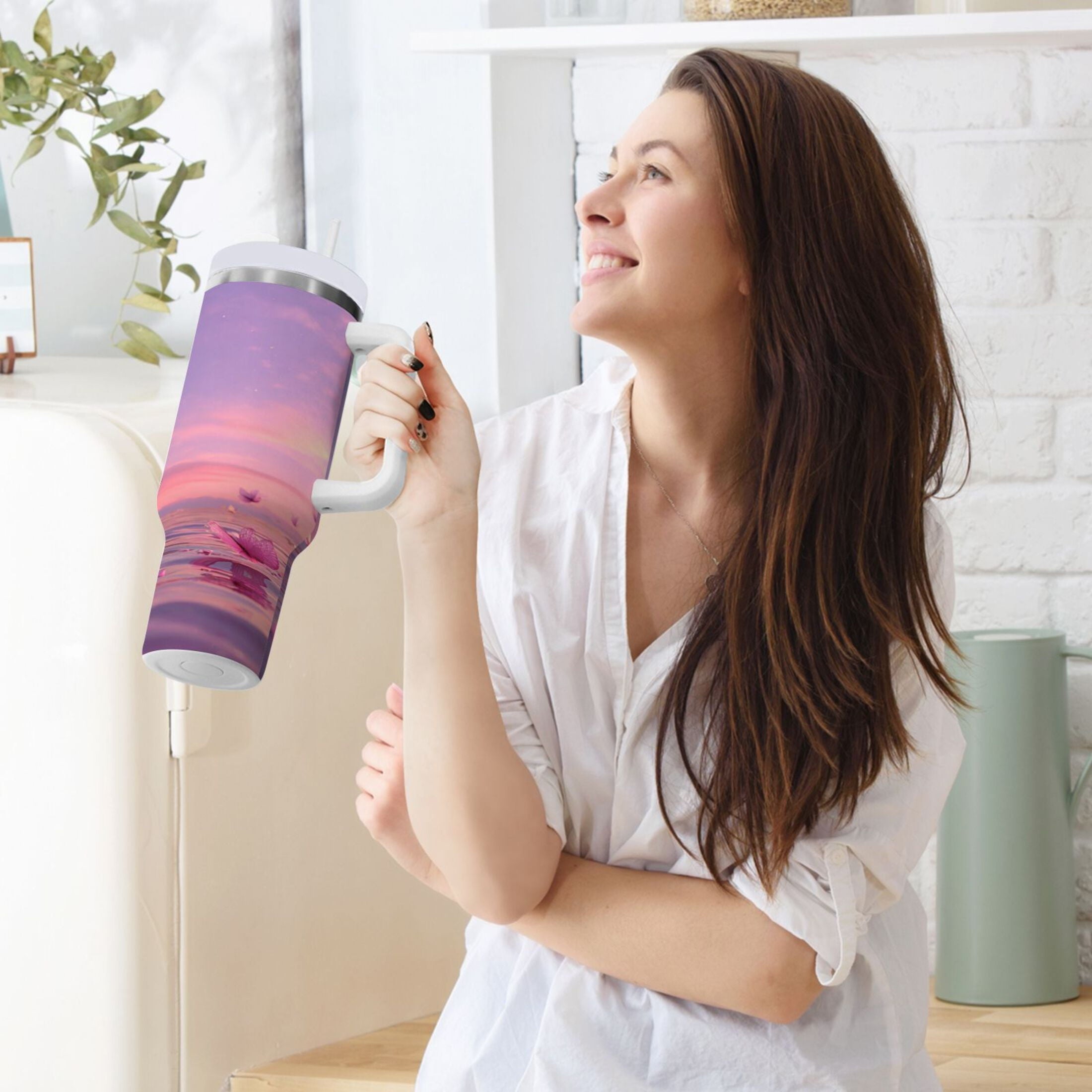 30 oz Insulated Stainless Steel Tumbler Double Wall Stainless Steel Tumbler with 2-Way Drinking Pink Butterflies Flying - 6K4C