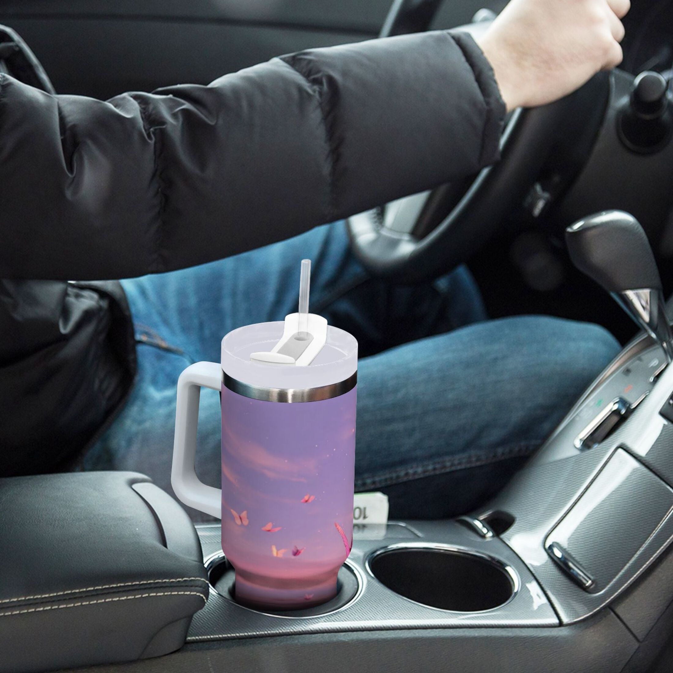 30 oz Insulated Stainless Steel Tumbler Double Wall Stainless Steel Tumbler with 2-Way Drinking Pink Butterflies Flying - 6K4C