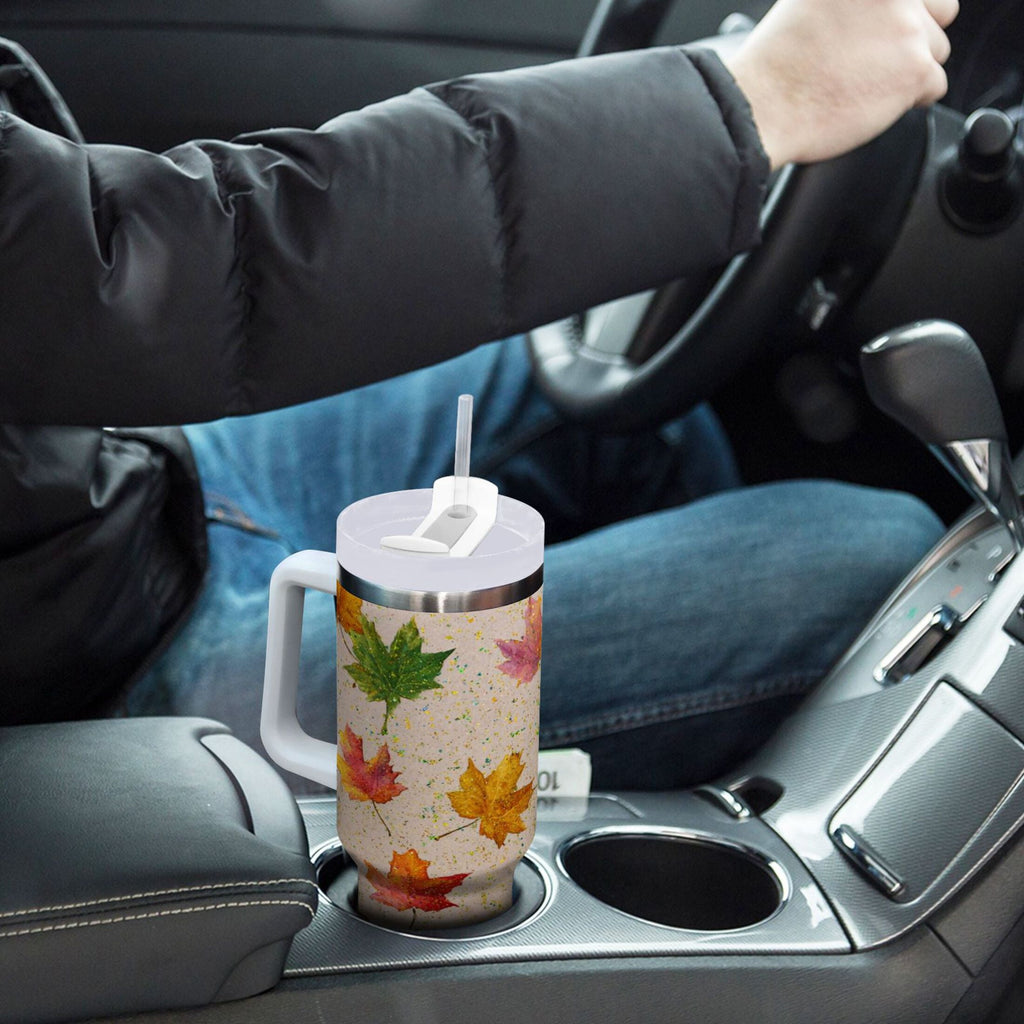 40 oz Insulated Stainless Steel Tumbler Double Wall Stainless Steel Tumbler with 2-Way Drinking Colored Autumn Leaves - K5KH