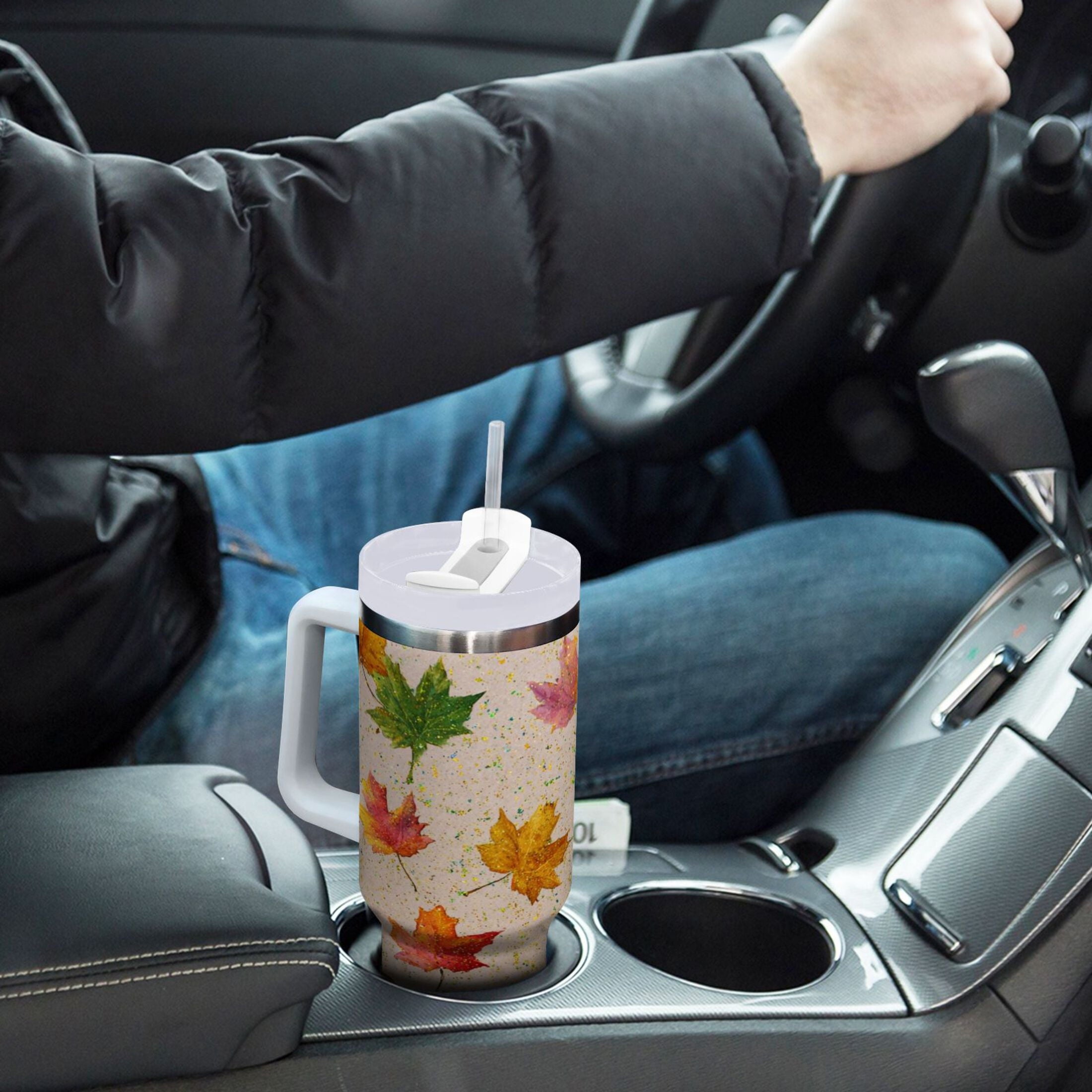 40 oz Insulated Stainless Steel Tumbler Double Wall Stainless Steel Tumbler with 2-Way Drinking Colored Autumn Leaves - K5KH