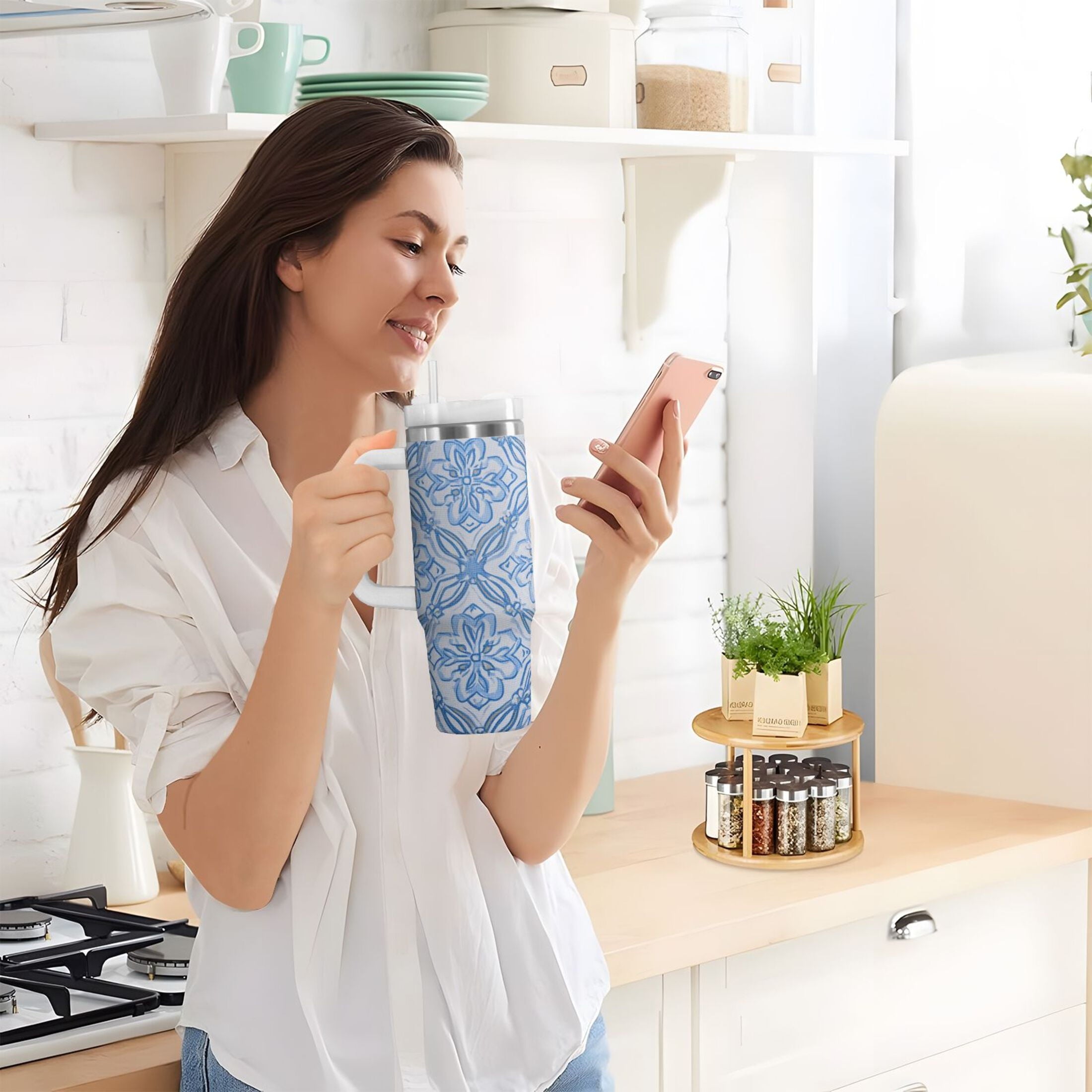 30 oz Insulated Stainless Steel Tumbler Double Wall Stainless Steel Tumbler with 2-Way Drinking Blue Elegant Geometric Design - VATX