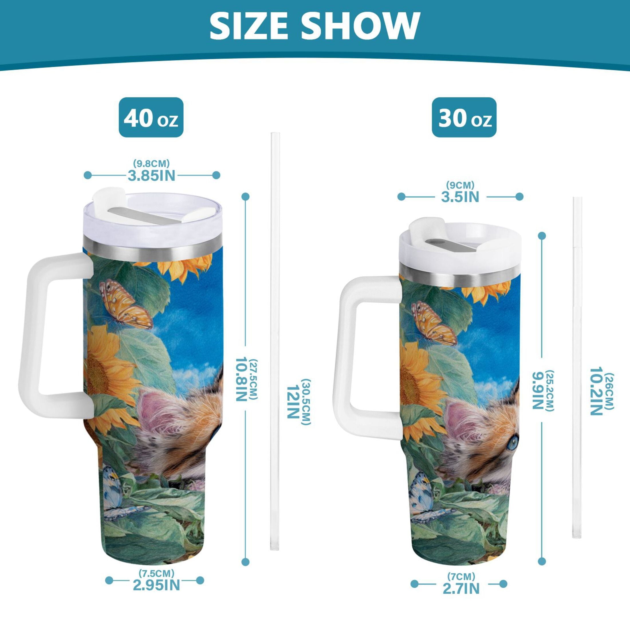 40 oz Insulated Stainless Steel Tumbler Double Wall Stainless Steel Tumbler with 2-Way Drinking Playful Cat Lying Sunflowers - F4JW