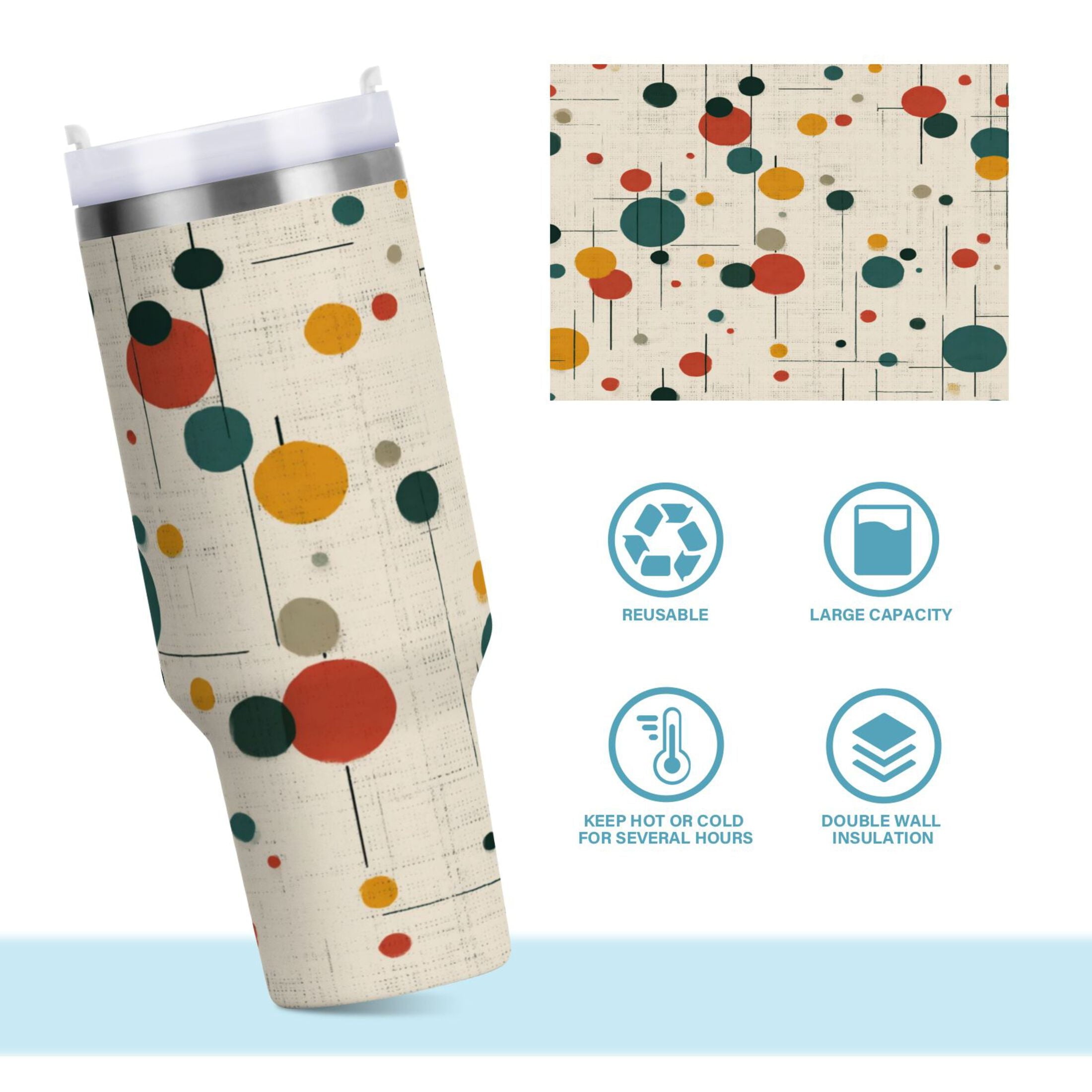 30 oz Insulated Stainless Steel Tumbler Double Wall Stainless Steel Tumbler with 2-Way Drinking Colorful Dots and Lines - M4M4