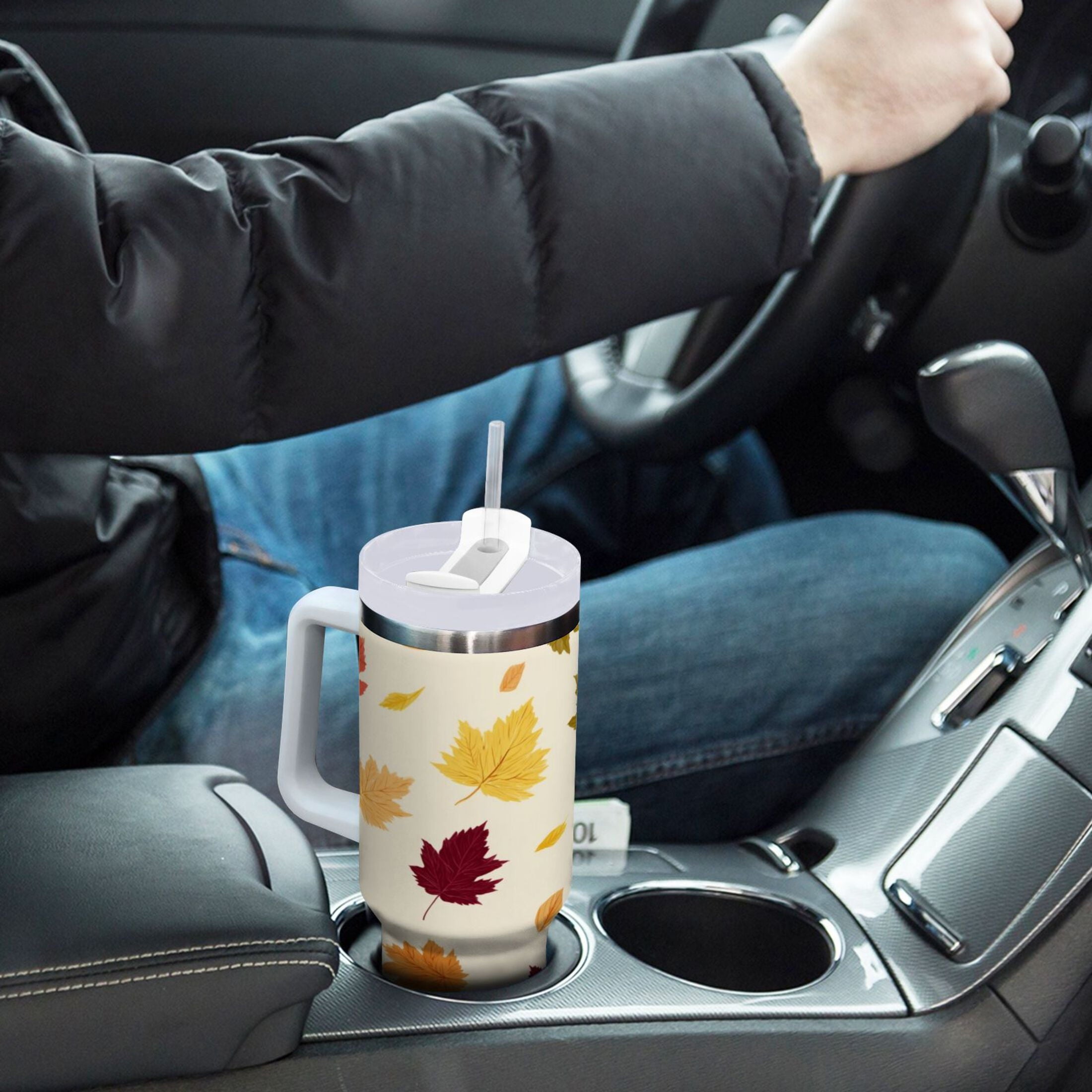 40 oz Insulated Stainless Steel Tumbler Double Wall Stainless Steel Tumbler with 2-Way Drinking Colorful Autumn Leaves Pattern - HBQJ