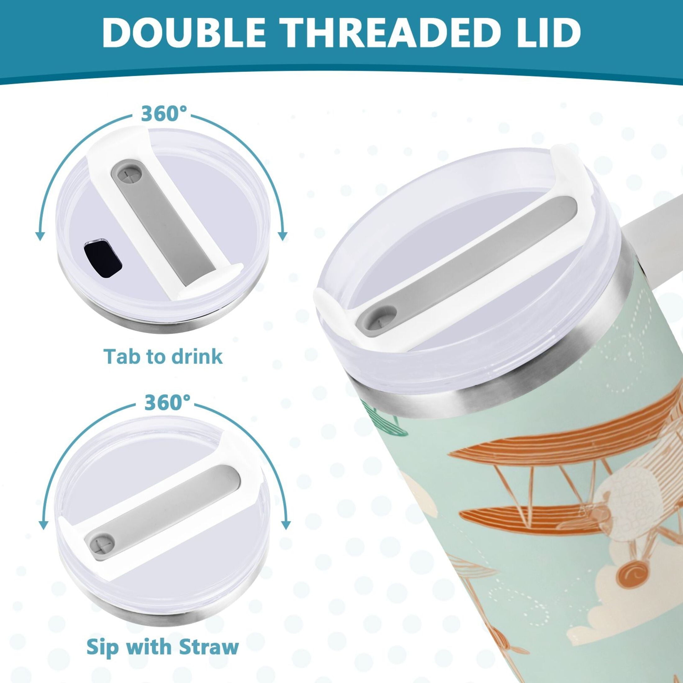 40 oz Insulated Stainless Steel Tumbler Double Wall Stainless Steel Tumbler with 2-Way Drinking Cute Airplanes - MLKJ