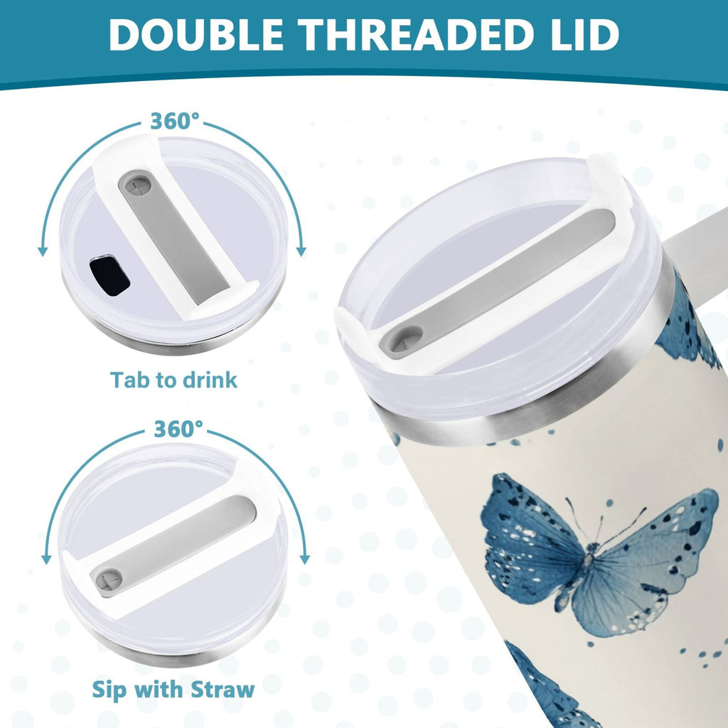 30 oz Insulated Stainless Steel Tumbler Double Wall Stainless Steel Tumbler with 2-Way Drinking Blue Watercolor Butterflies - 295Q