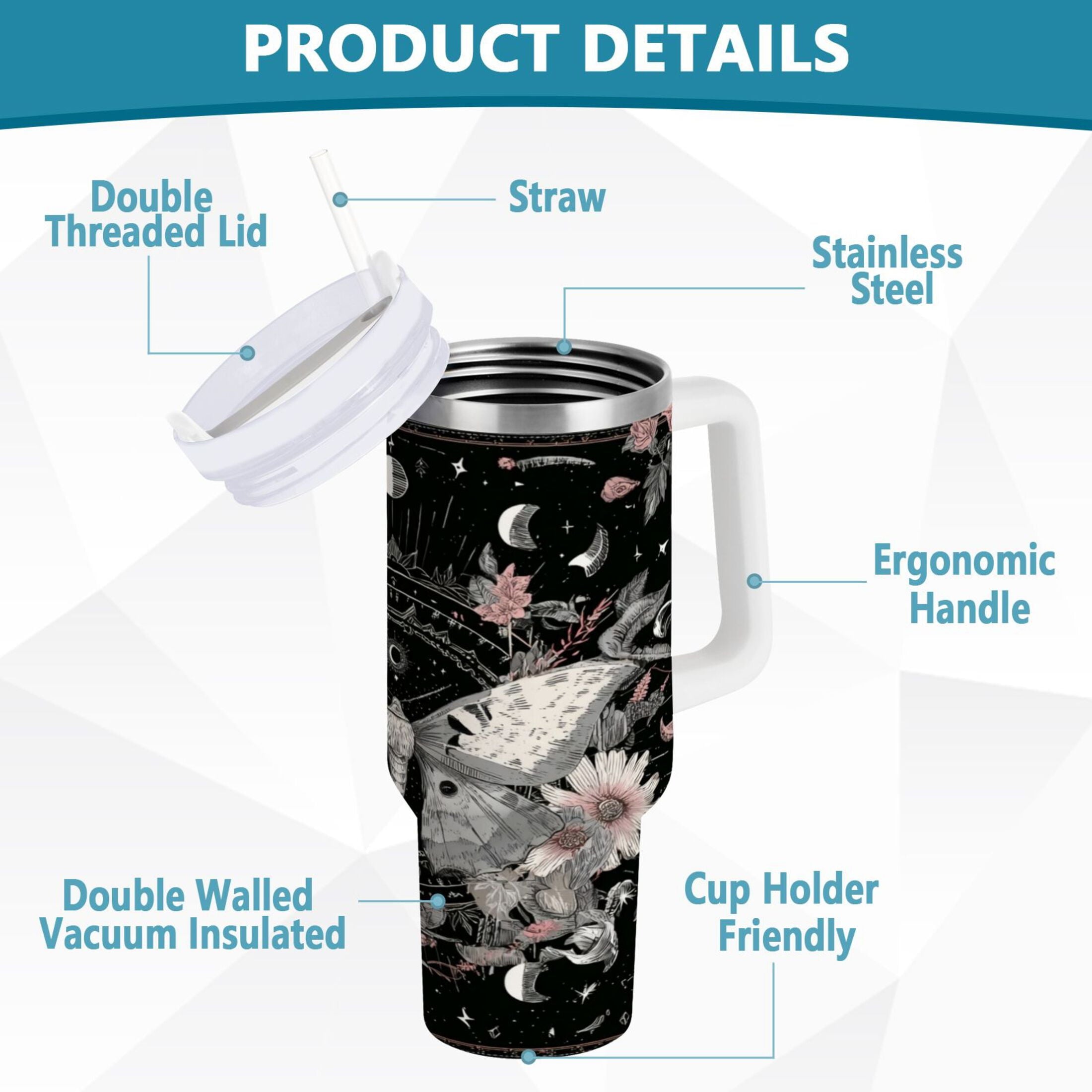 40 oz Insulated Stainless Steel Tumbler Double Wall Stainless Steel Tumbler with 2-Way Drinking Butterfly Surrounded by Flowers - 5VJE
