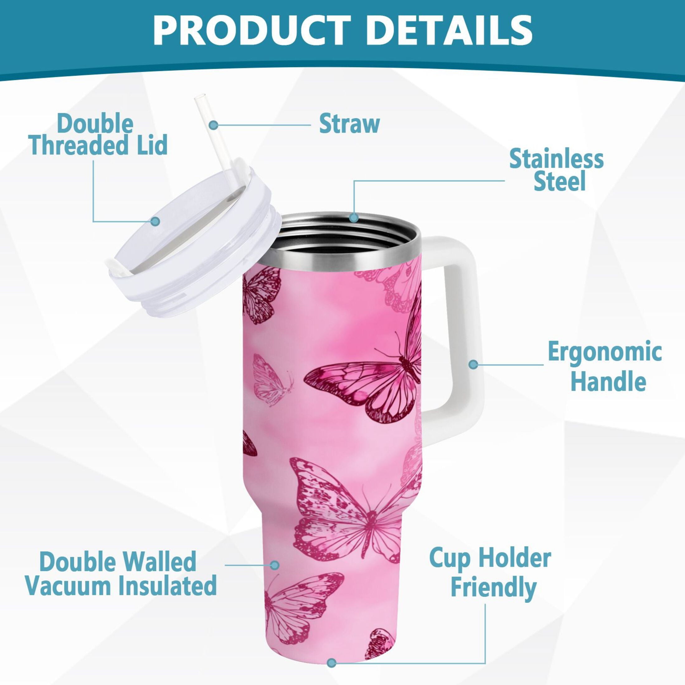 40 oz Insulated Stainless Steel Tumbler Double Wall Stainless Steel Tumbler with 2-Way Drinking Pink Butterfly Pattern - 4WAU