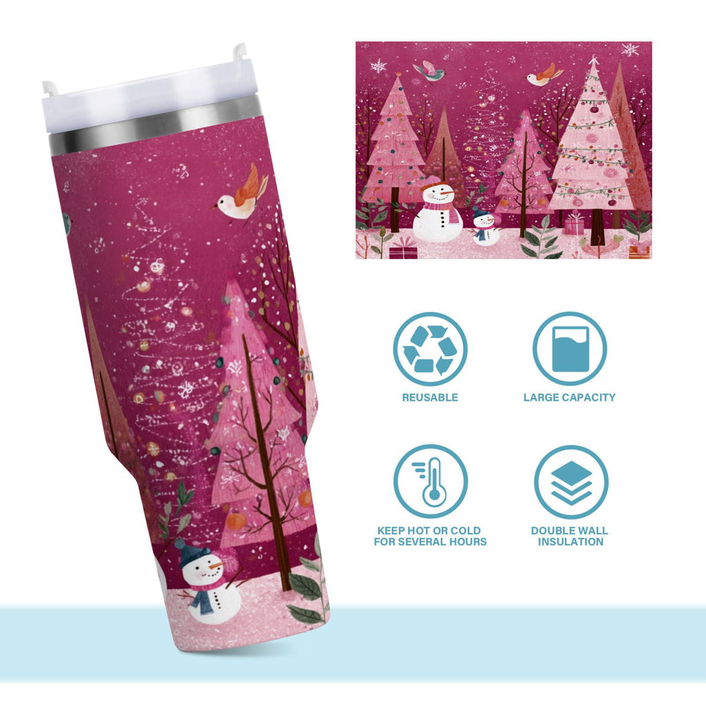 40 oz Insulated Stainless Steel Tumbler Double Wall Stainless Steel Tumbler with 2-Way Drinking Pink Christmas Forest - UL72