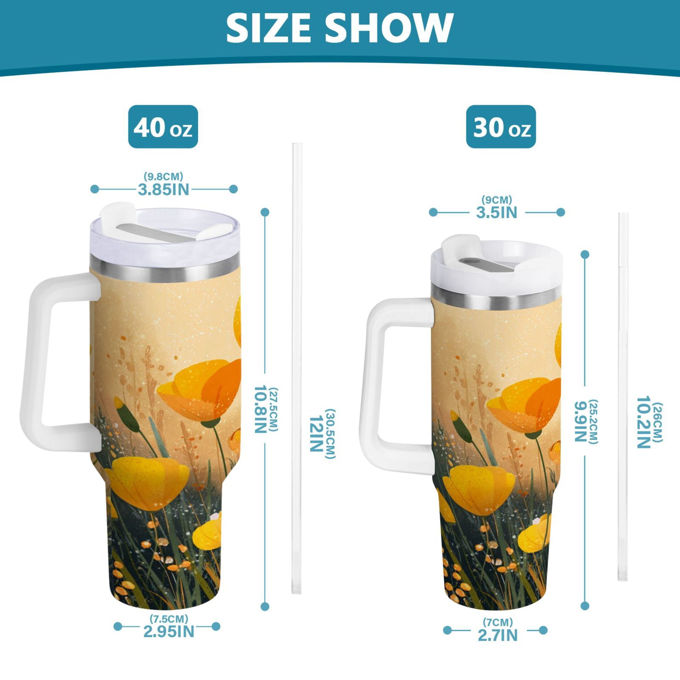 30 oz Insulated Stainless Steel Tumbler Double Wall Stainless Steel Tumbler with 2-Way Drinking Yellow Flowers on The Grass - D8TD
