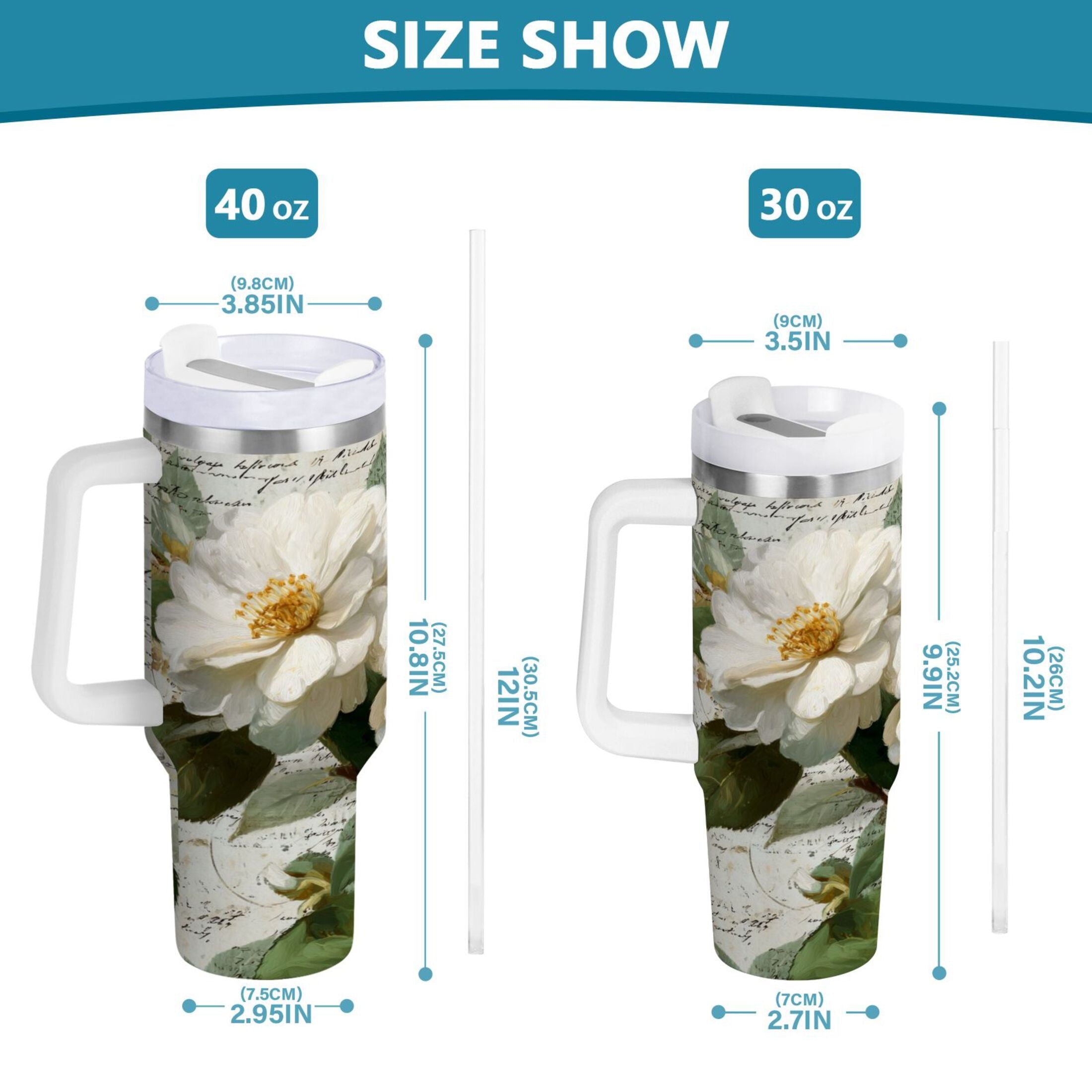 40 oz Insulated Stainless Steel Tumbler Double Wall Stainless Steel Tumbler with 2-Way Drinking Vintage White Camellias - Z4P8