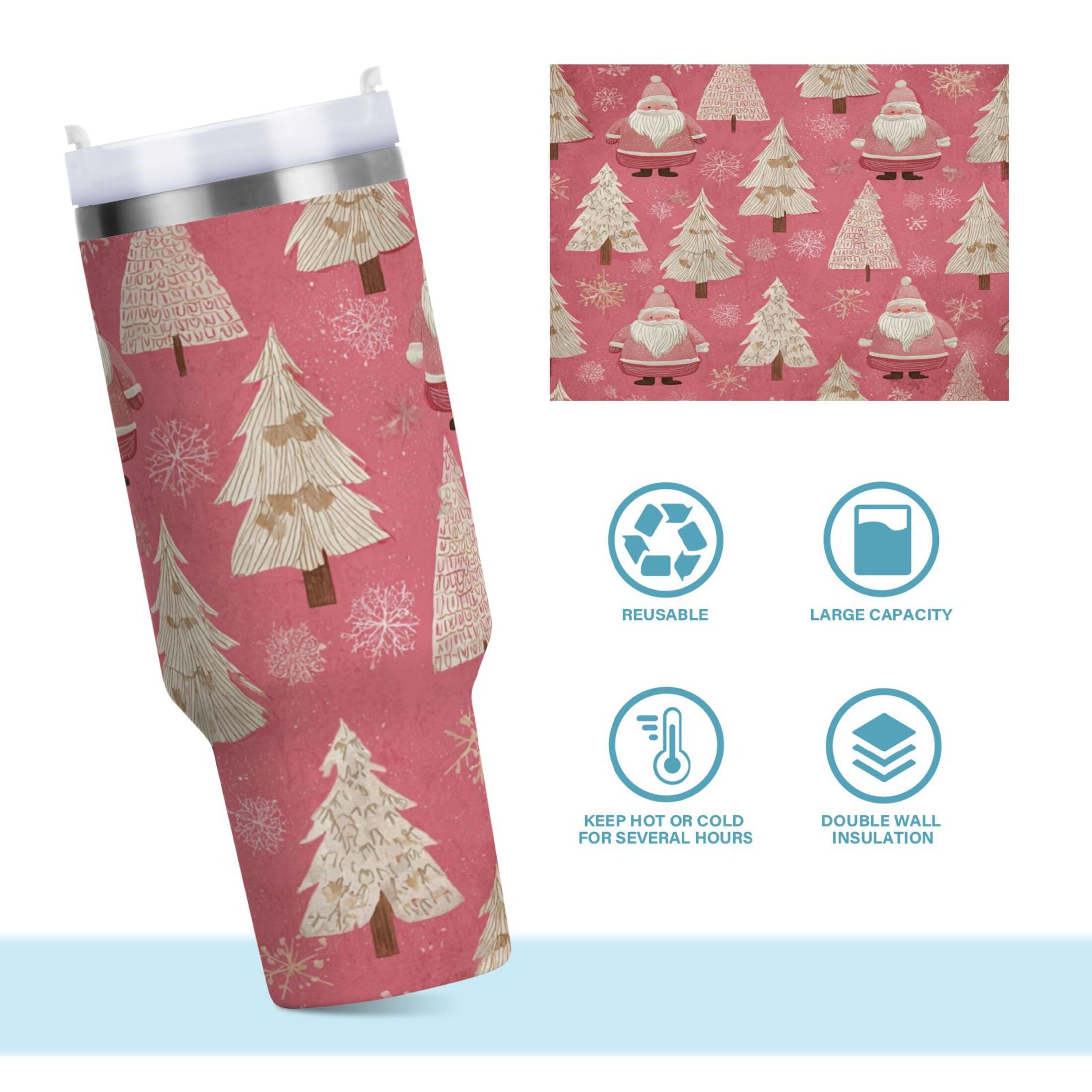 40 oz Insulated Stainless Steel Tumbler Double Wall Stainless Steel Tumbler with 2-Way Drinking Pink Santa Claus Pattern - XK26