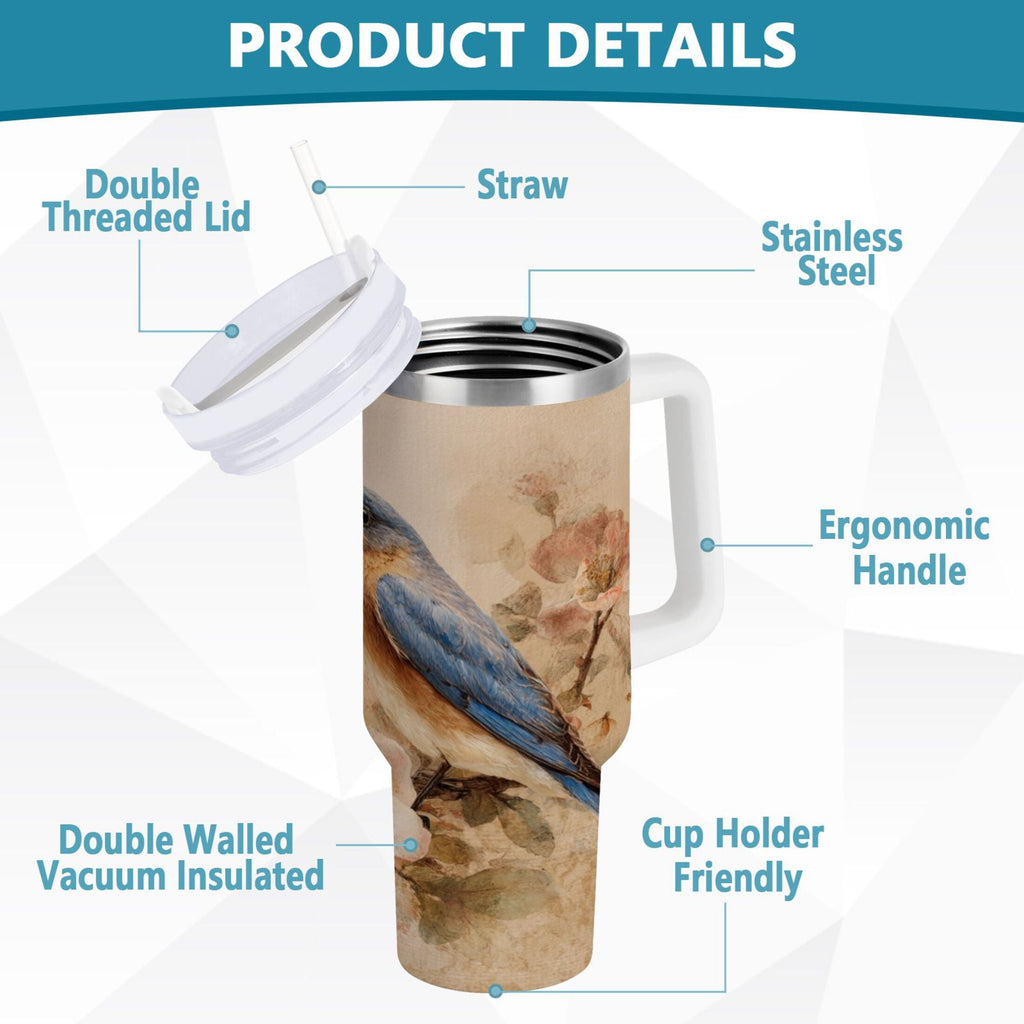 40 oz Insulated Stainless Steel Tumbler Double Wall Stainless Steel Tumbler with 2-Way Drinking Bluebird and Ancient Flowers - FNFM