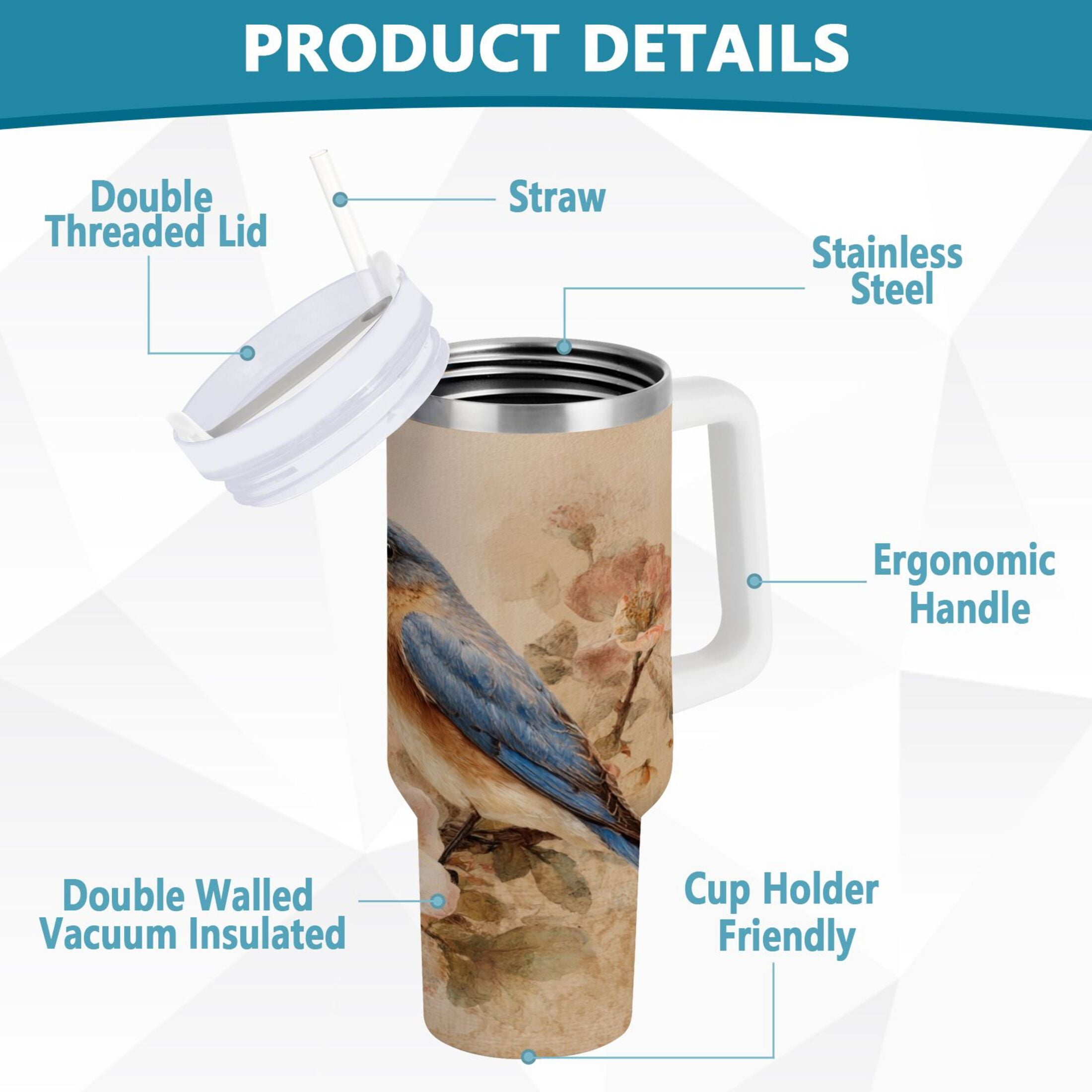 40 oz Insulated Stainless Steel Tumbler Double Wall Stainless Steel Tumbler with 2-Way Drinking Bluebird and Ancient Flowers - FNFM
