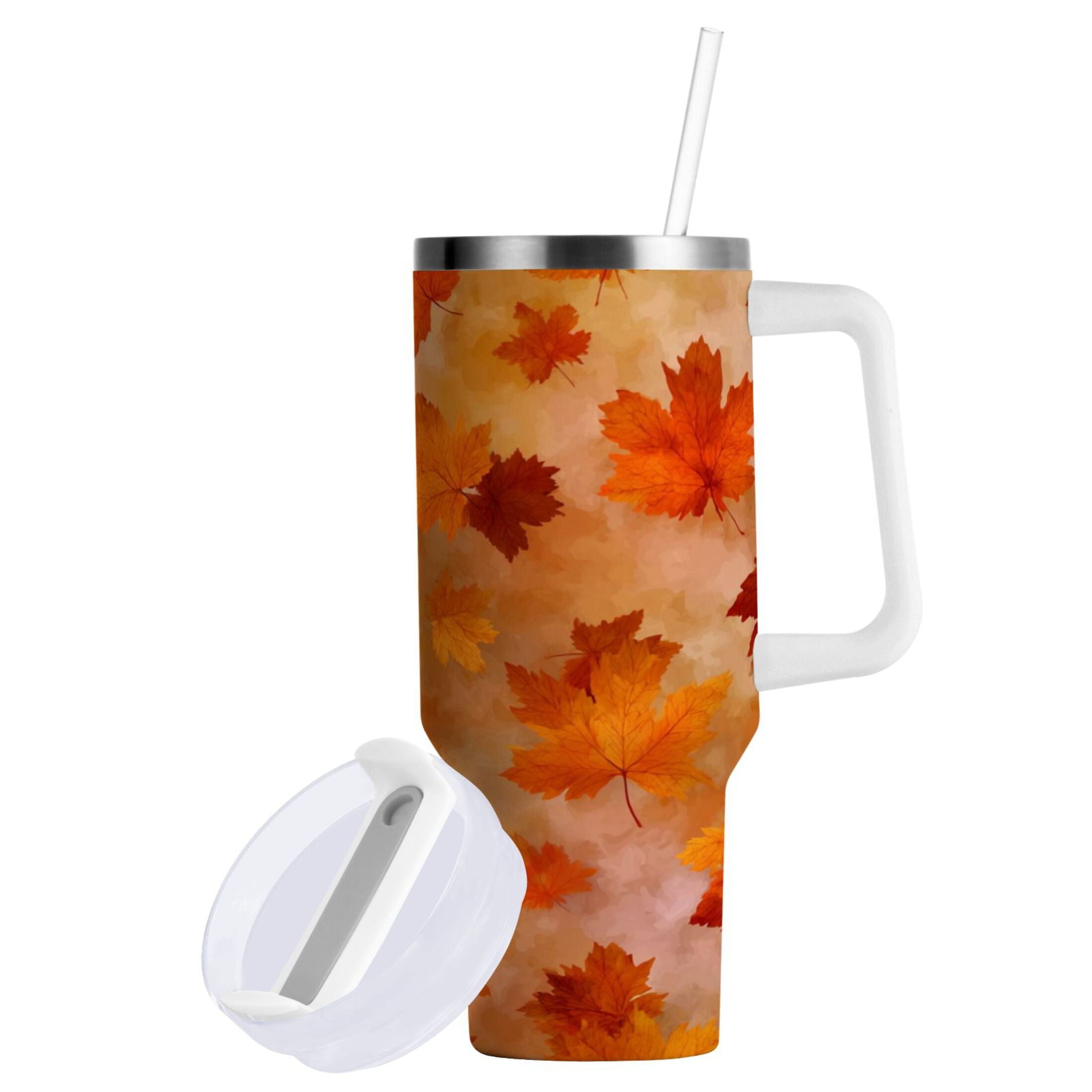 40 oz Insulated Stainless Steel Tumbler Double Wall Stainless Steel Tumbler with 2-Way Drinking Orange and Brown Autumn Leaves - NE69