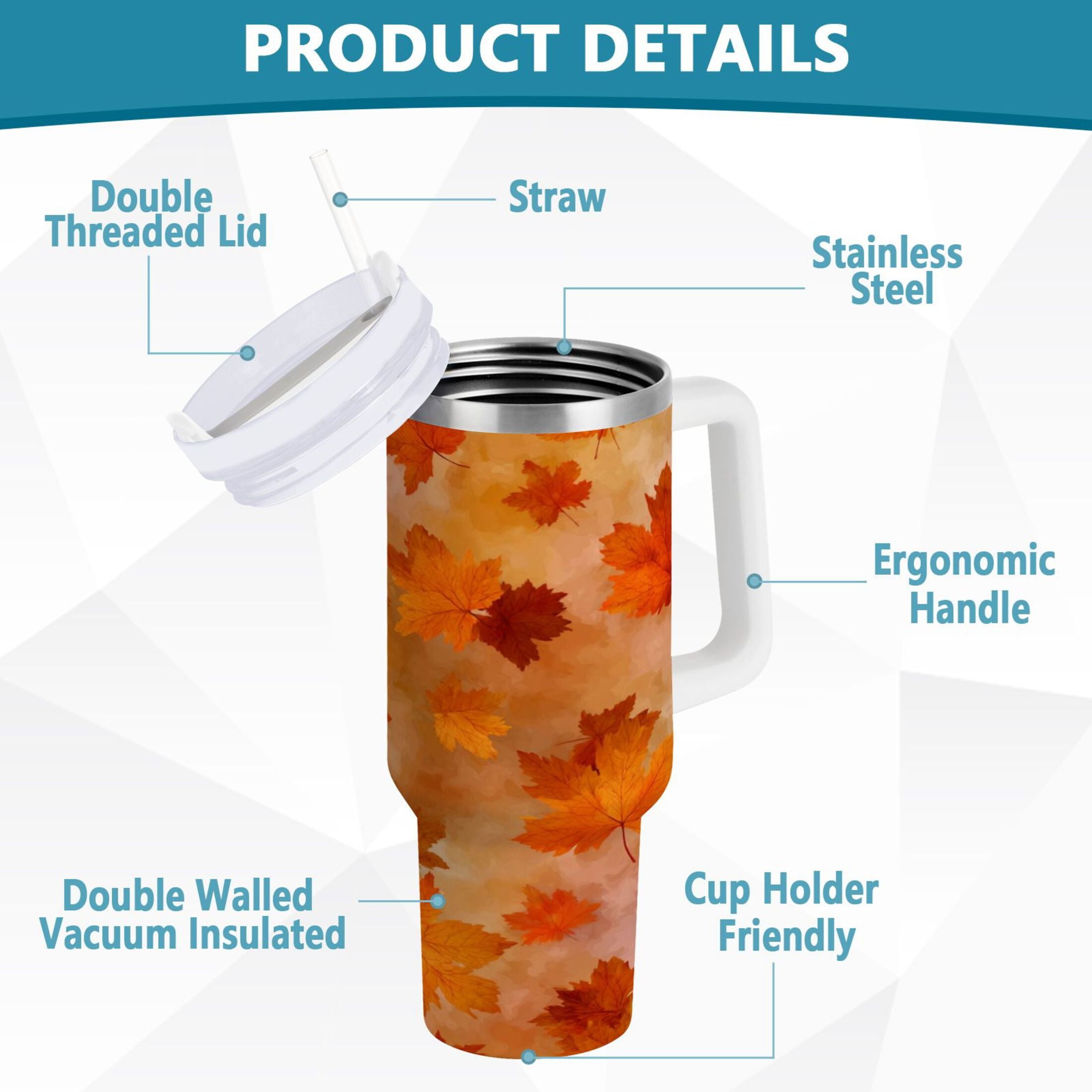 40 oz Insulated Stainless Steel Tumbler Double Wall Stainless Steel Tumbler with 2-Way Drinking Orange and Brown Autumn Leaves - NE69