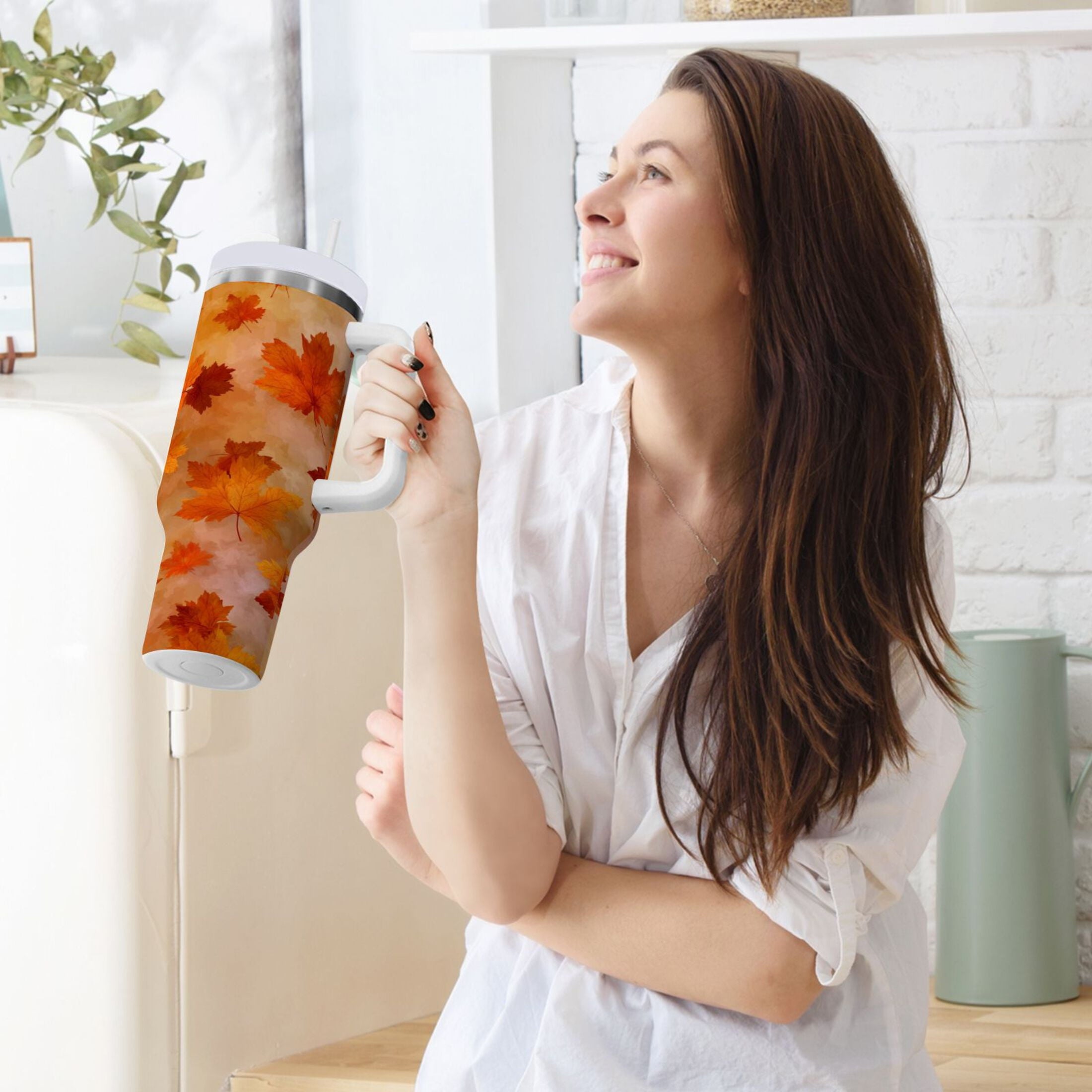 40 oz Insulated Stainless Steel Tumbler Double Wall Stainless Steel Tumbler with 2-Way Drinking Orange and Brown Autumn Leaves - NE69