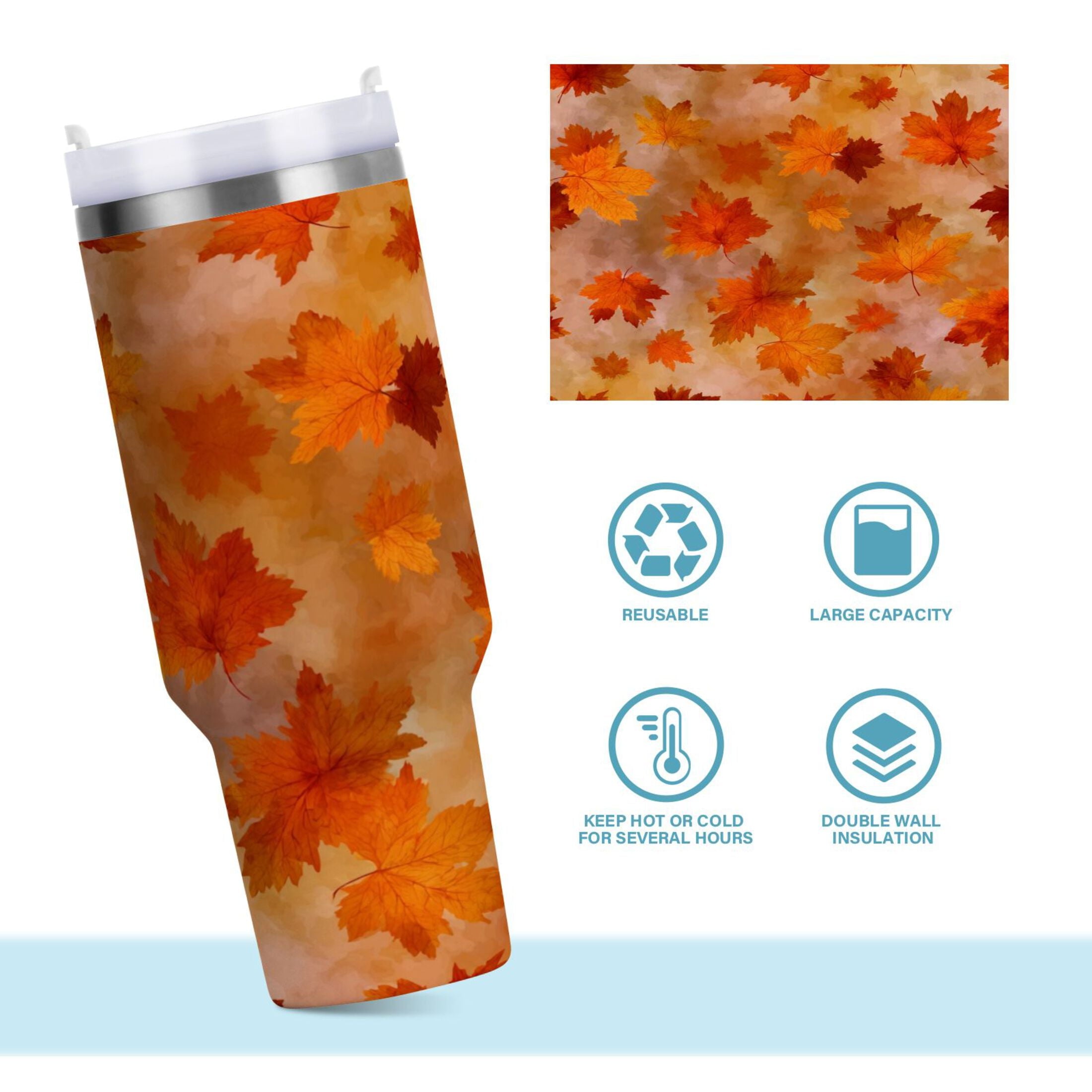 40 oz Insulated Stainless Steel Tumbler Double Wall Stainless Steel Tumbler with 2-Way Drinking Orange and Brown Autumn Leaves - NE69