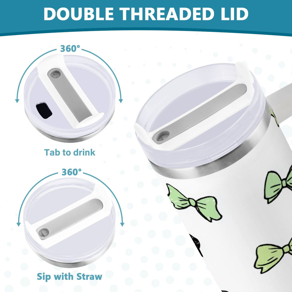 40 oz Insulated Stainless Steel Tumbler Double Wall Stainless Steel Tumbler with 2-Way Drinking Green and Black Bows - 99W2