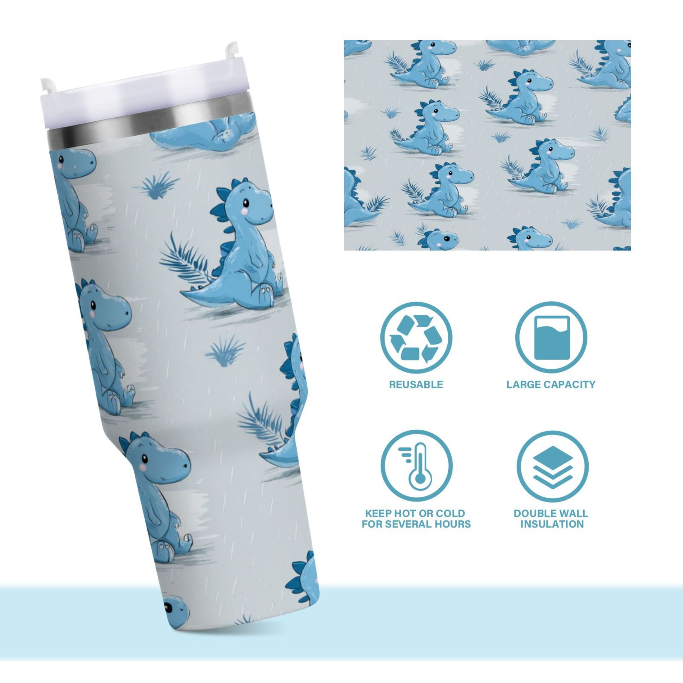 30 oz Insulated Stainless Steel Tumbler Double Wall Stainless Steel Tumbler with 2-Way Drinking Cartoon Blue Dinosaurs - LJEG