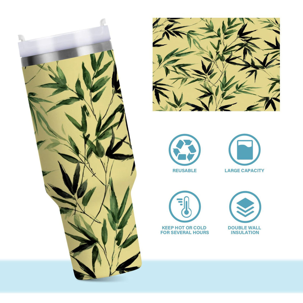 30 oz Insulated Stainless Steel Tumbler Double Wall Stainless Steel Tumbler with 2-Way Drinking Bamboo and Green Leaves - 9ZP9